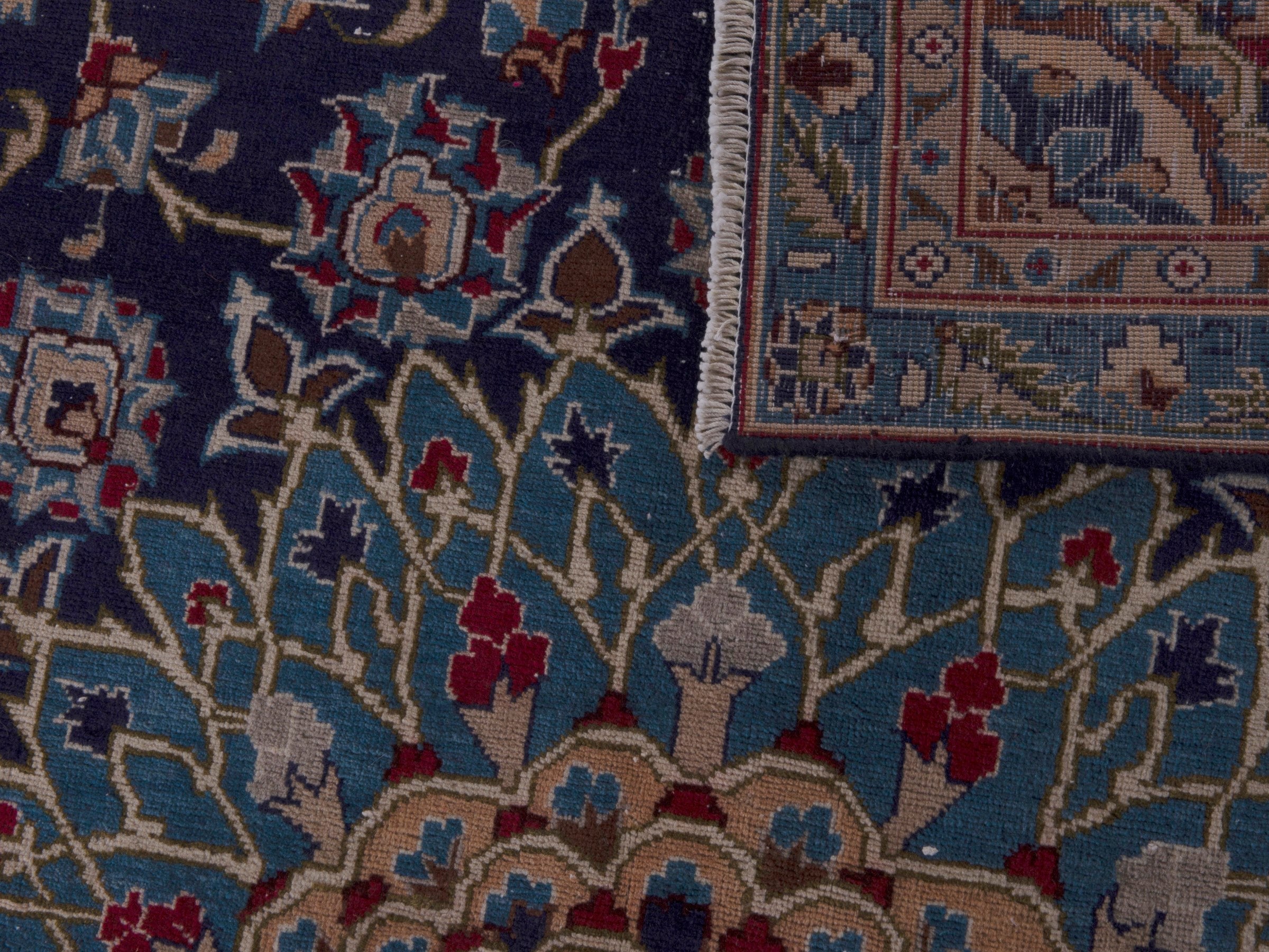 Persian Kashmar oversized rug in navy and ochre, view 18 of 18