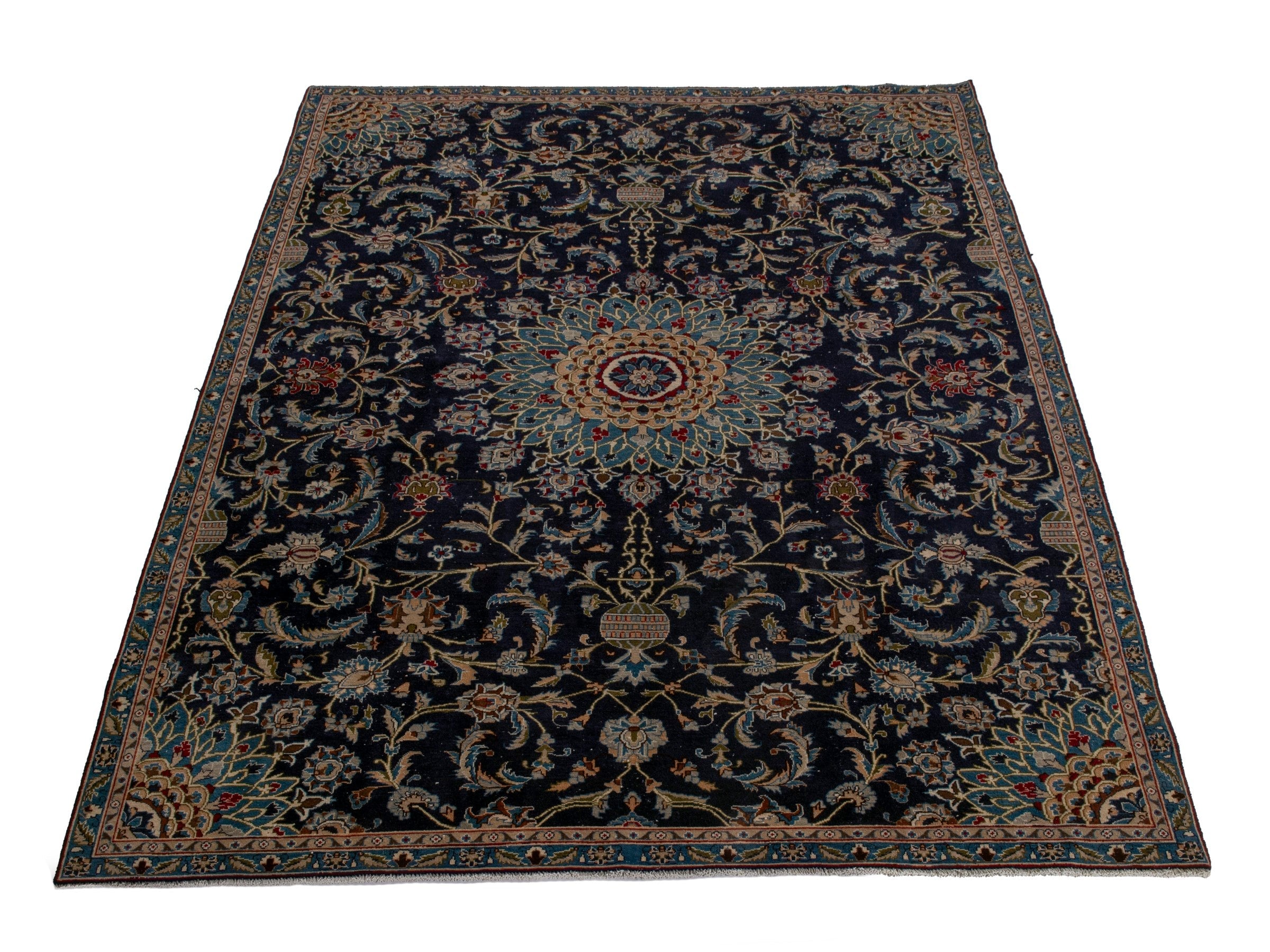 Persian Kashmar oversized rug in navy and ochre, view 2 of 18