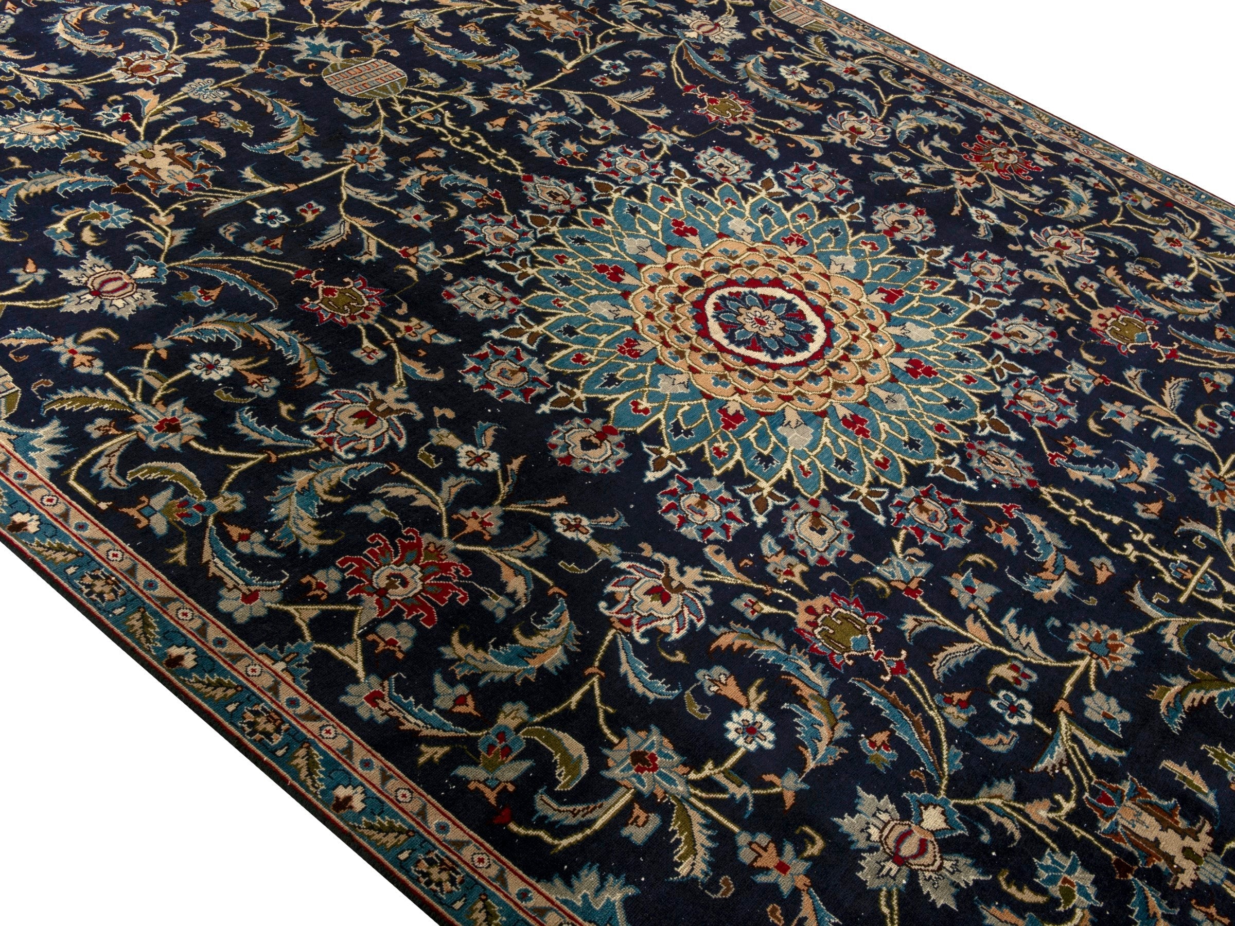 Persian Kashmar oversized rug in navy and ochre, view 4 of 18
