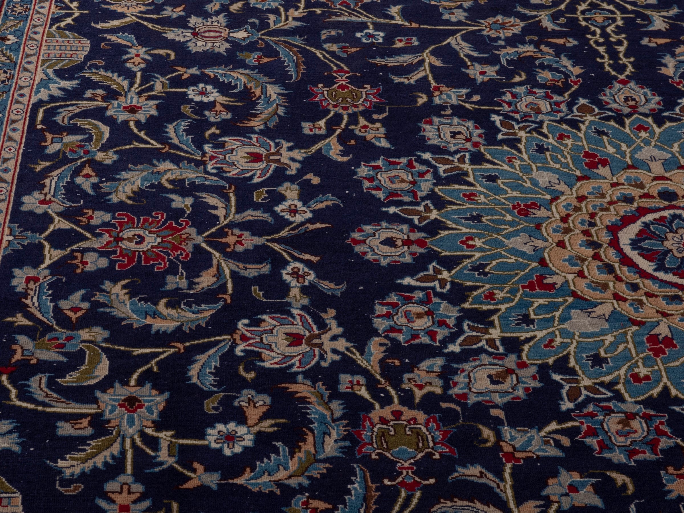 Persian Kashmar oversized rug in navy and ochre, view 7 of 18