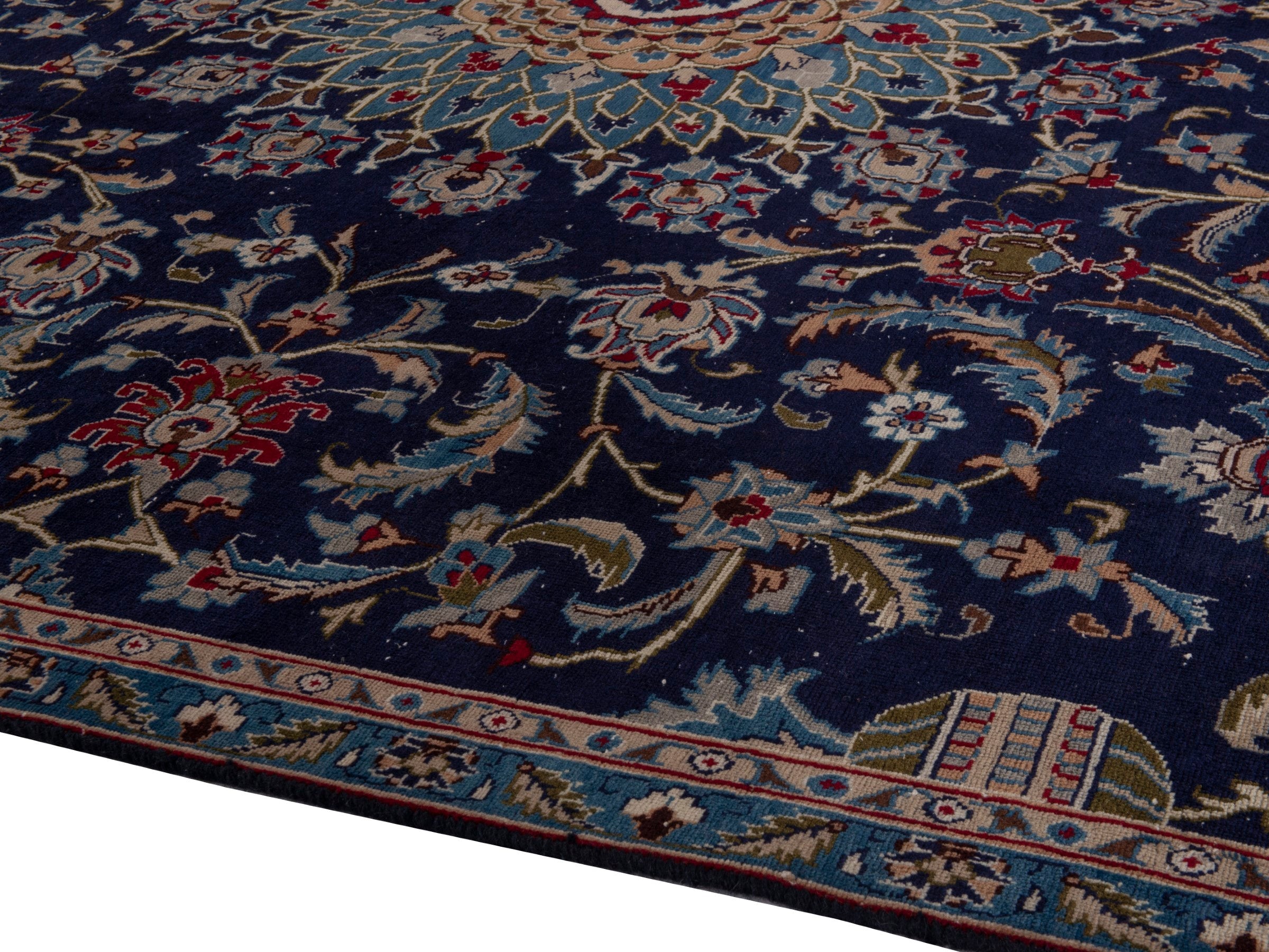 Persian Kashmar oversized rug in navy and ochre, view 8 of 18