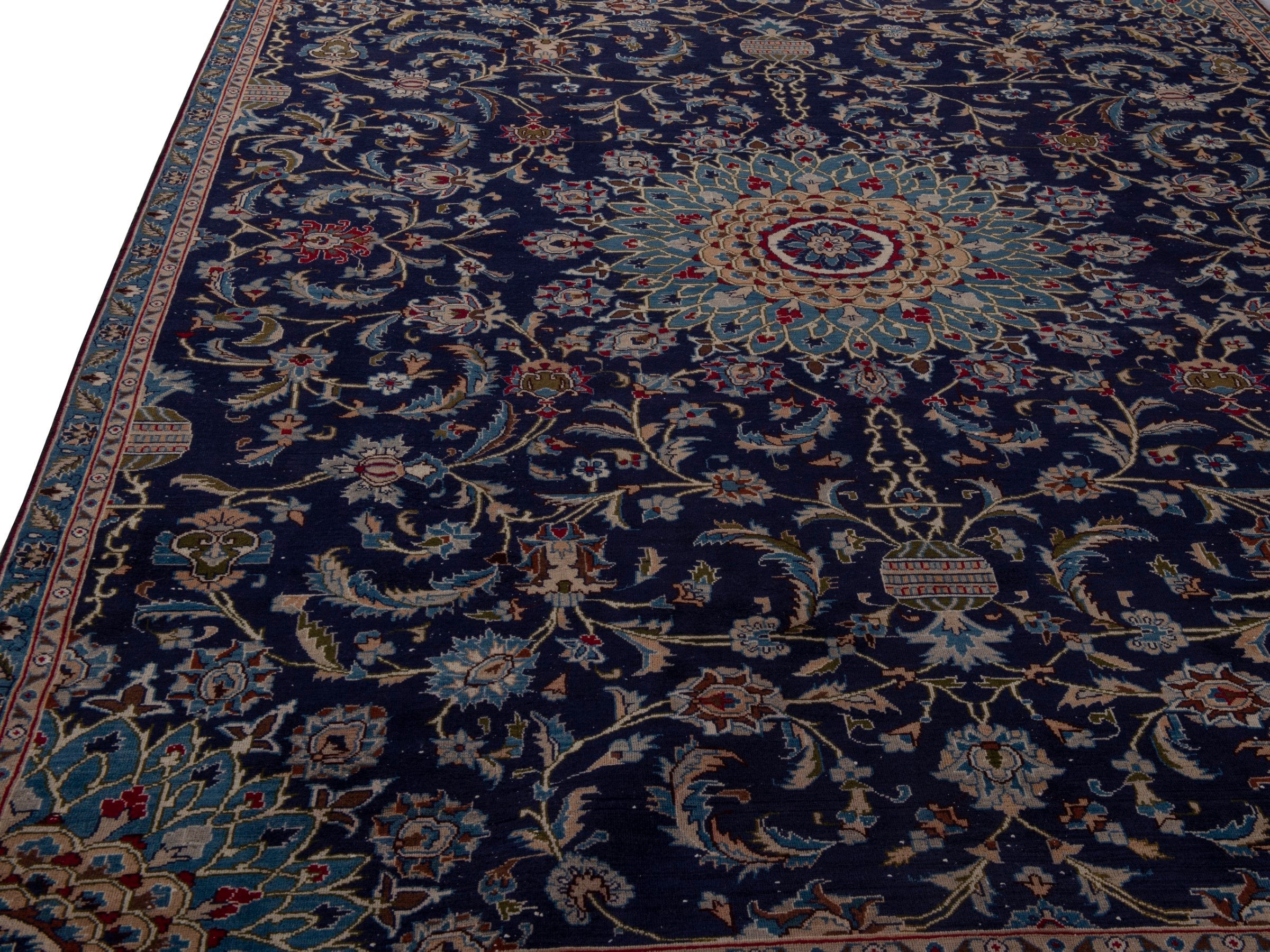 Persian Kashmar oversized rug in navy and ochre, view 9 of 18