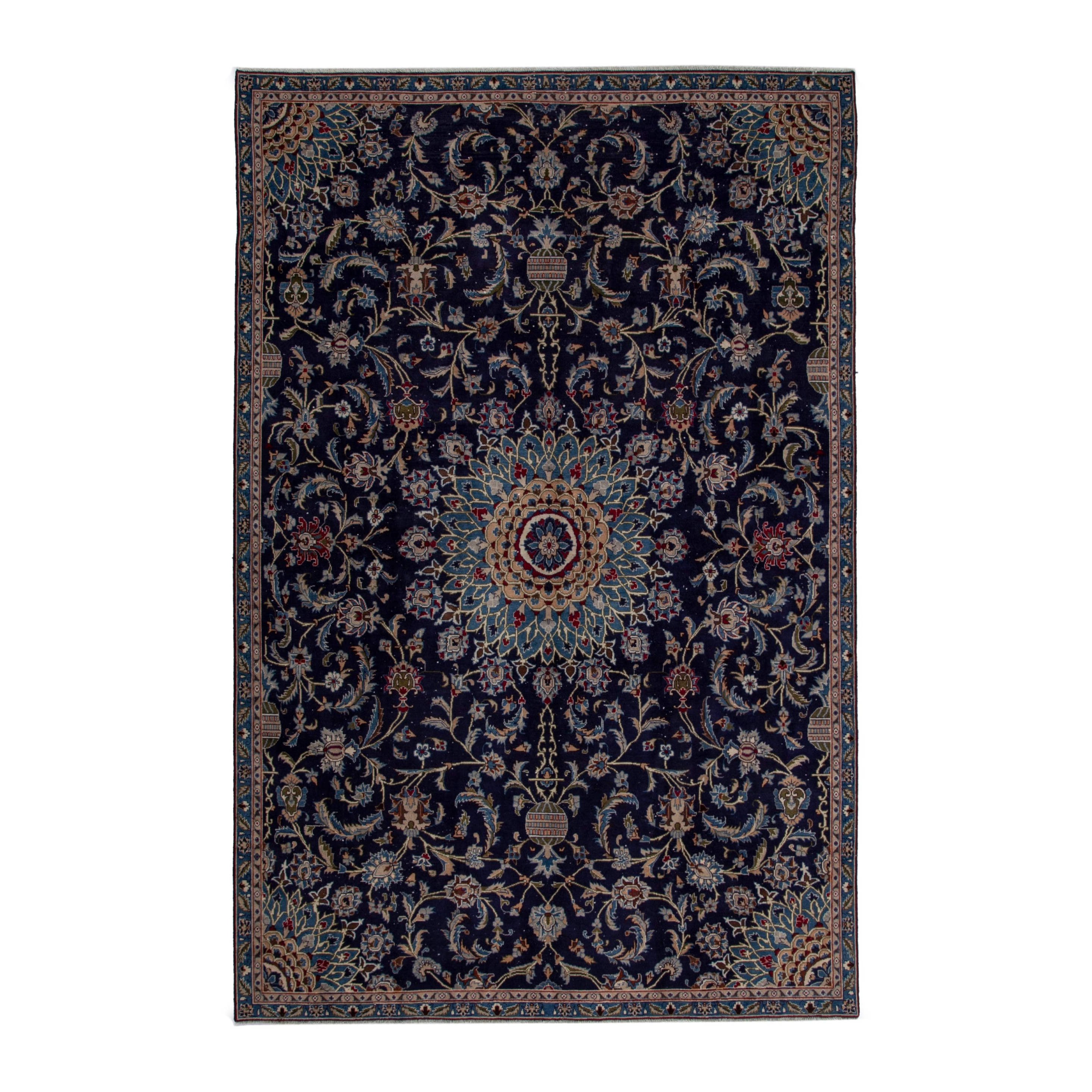 Persian Kashmar oversized rug in navy and ochre, 7'9" x 11'1"