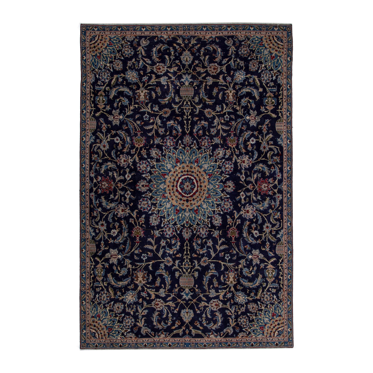 Persian Kashmar oversized rug in navy and ochre, 7'9" x 11'1"