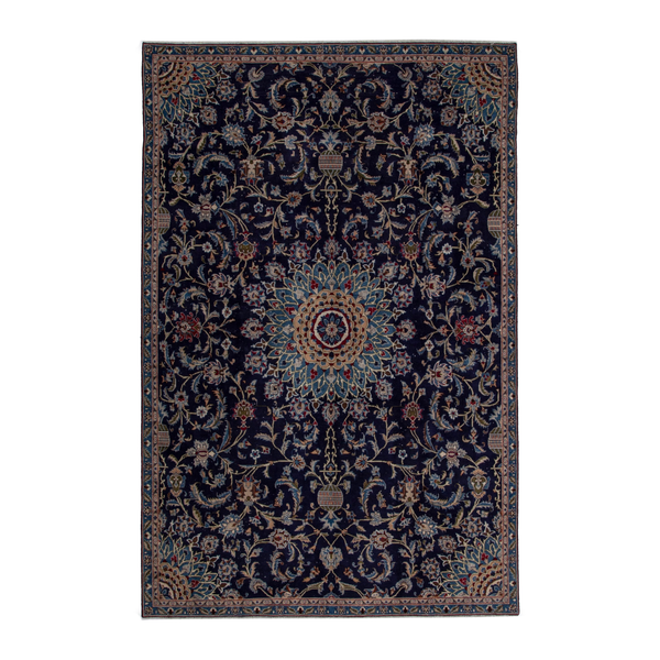 Persian Kashmar oversized rug in navy and ochre, 7'9" x 11'1"