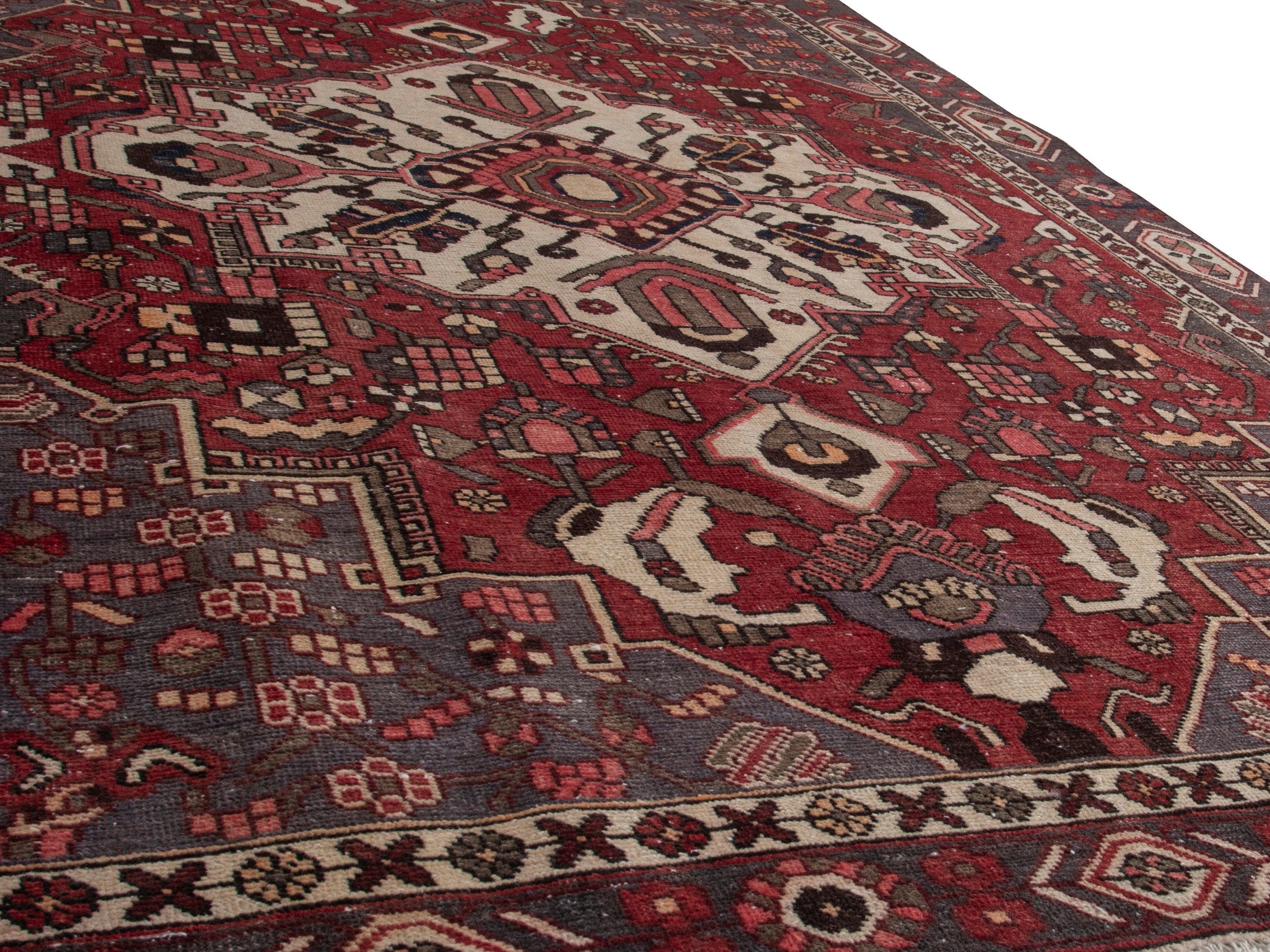 Persian Bakhtiari area rug in burgundy and deep red, view 10 of 18