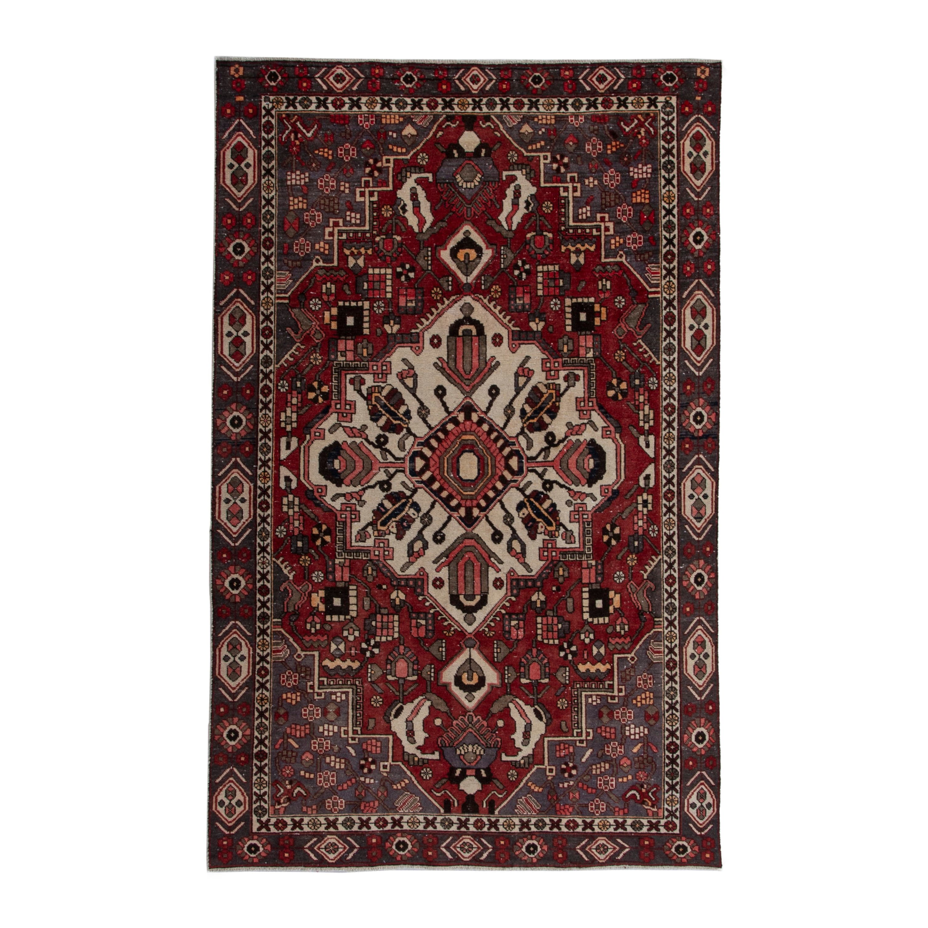 Persian Bakhtiari area rug in burgundy and deep red, 6'7" x 9'8"