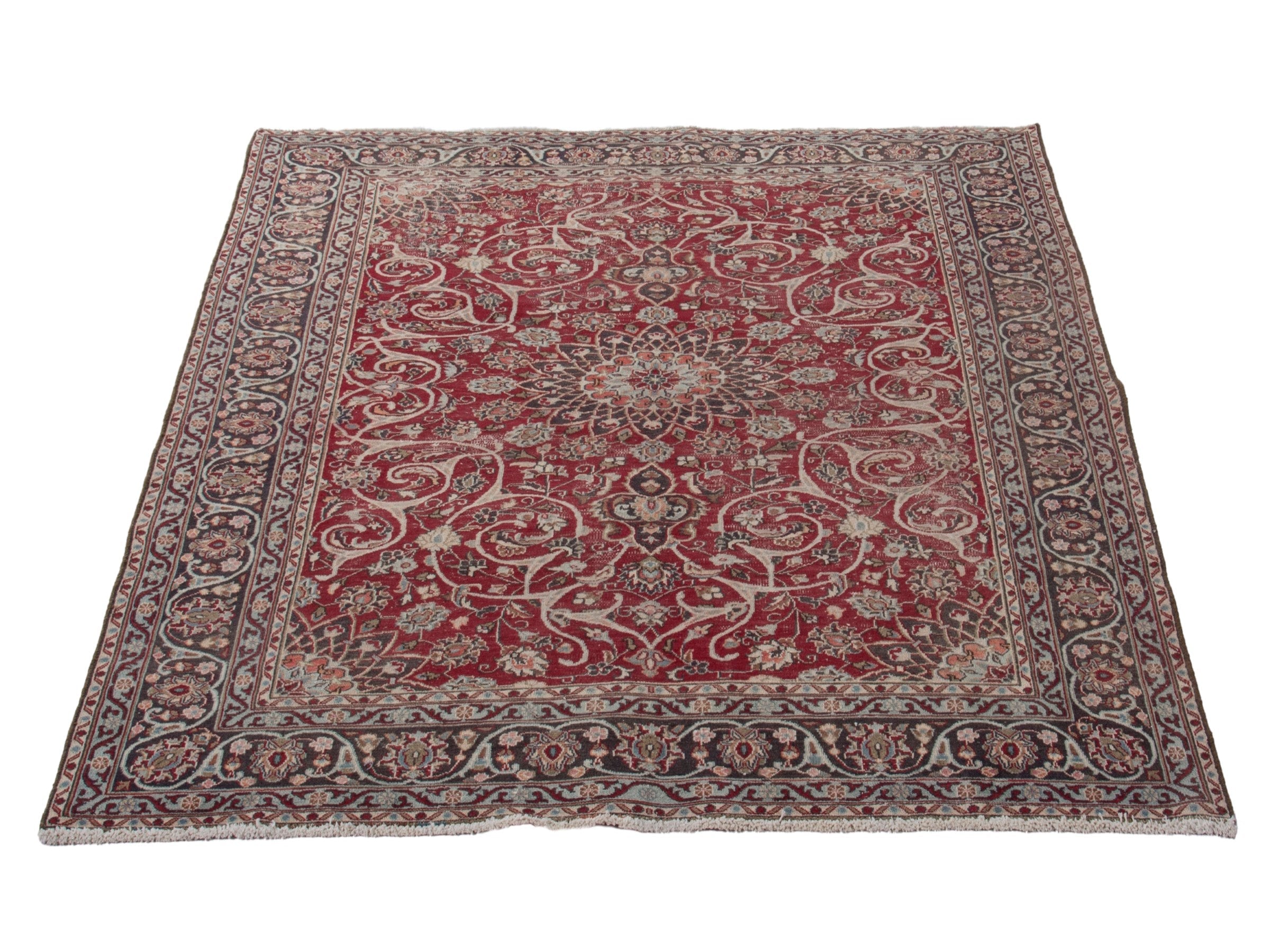 Persian Mashhad area rug in deep red and dark brown, view 3 of 19