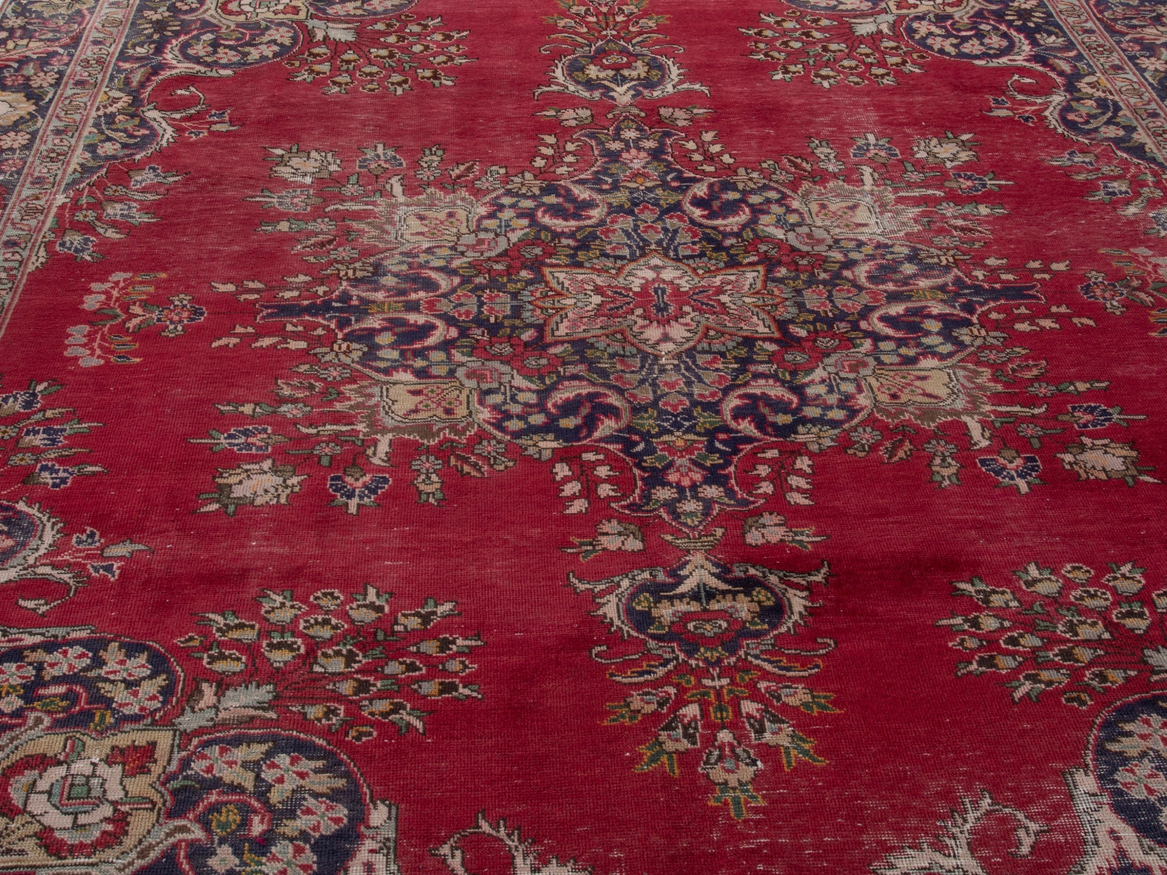Persian Tabriz oversized rug in deep red and navy, view 8 of 22