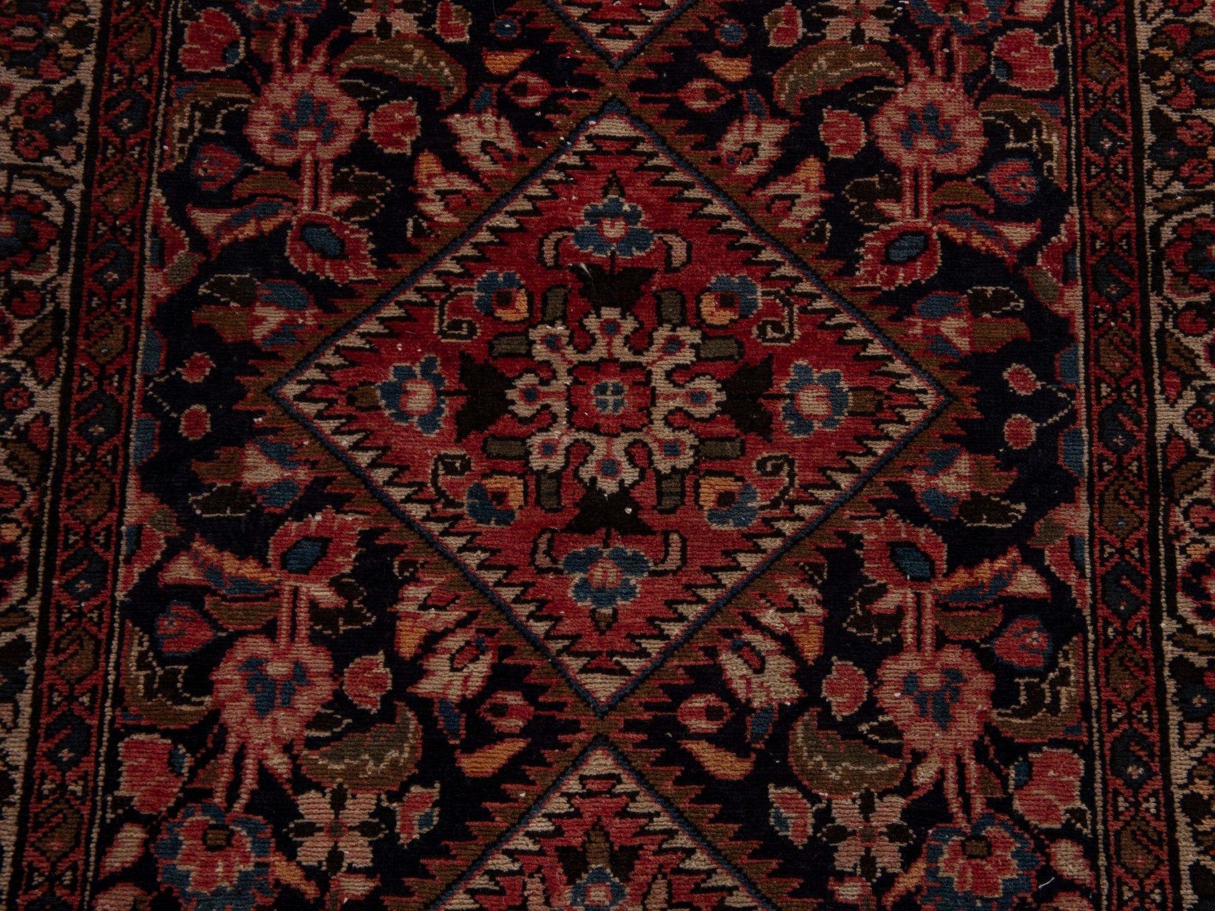 Persian Hamedan runner rug in navy and burgundy, view 12 of 19