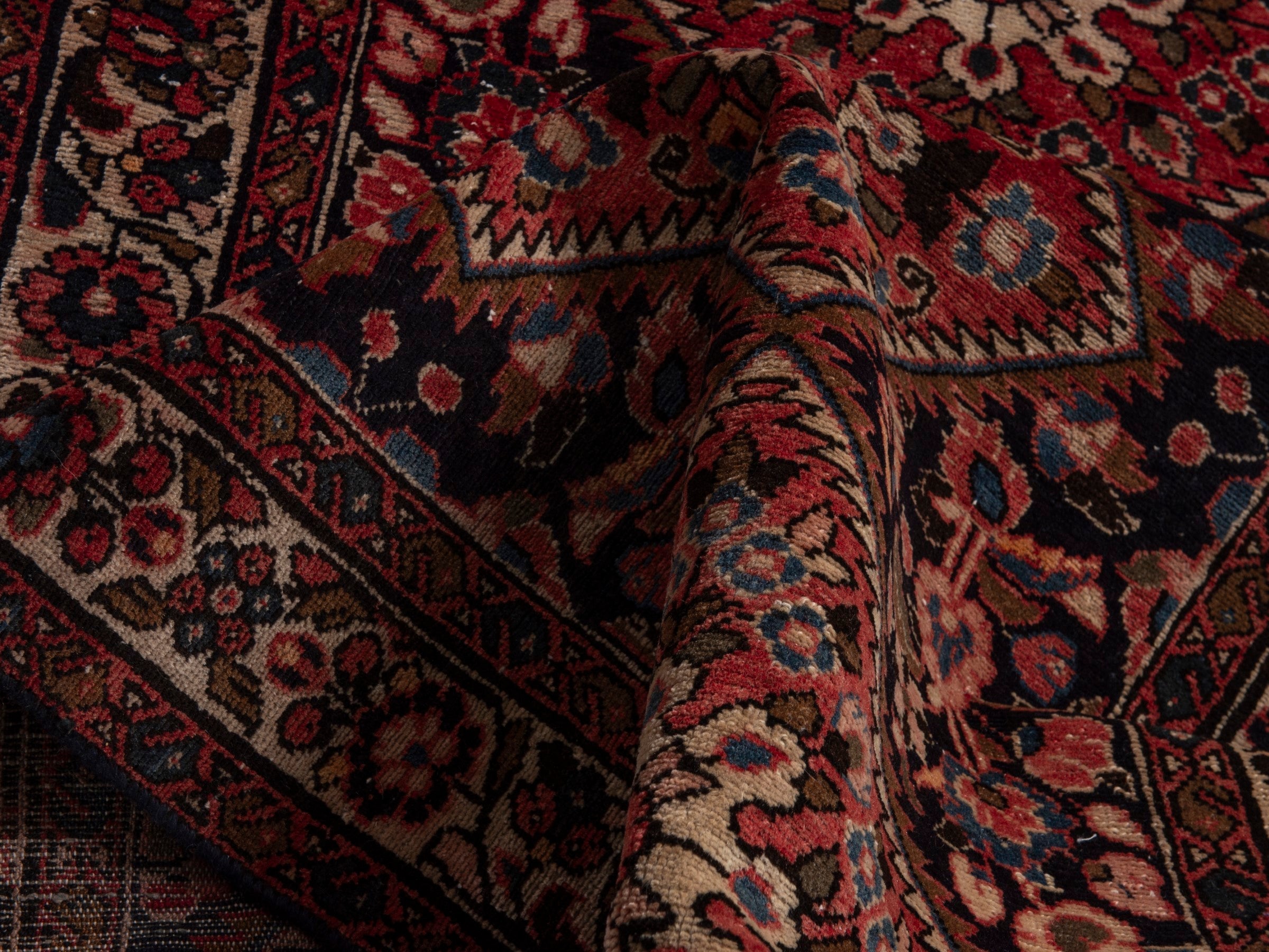 Persian Hamedan runner rug in navy and burgundy, view 17 of 19