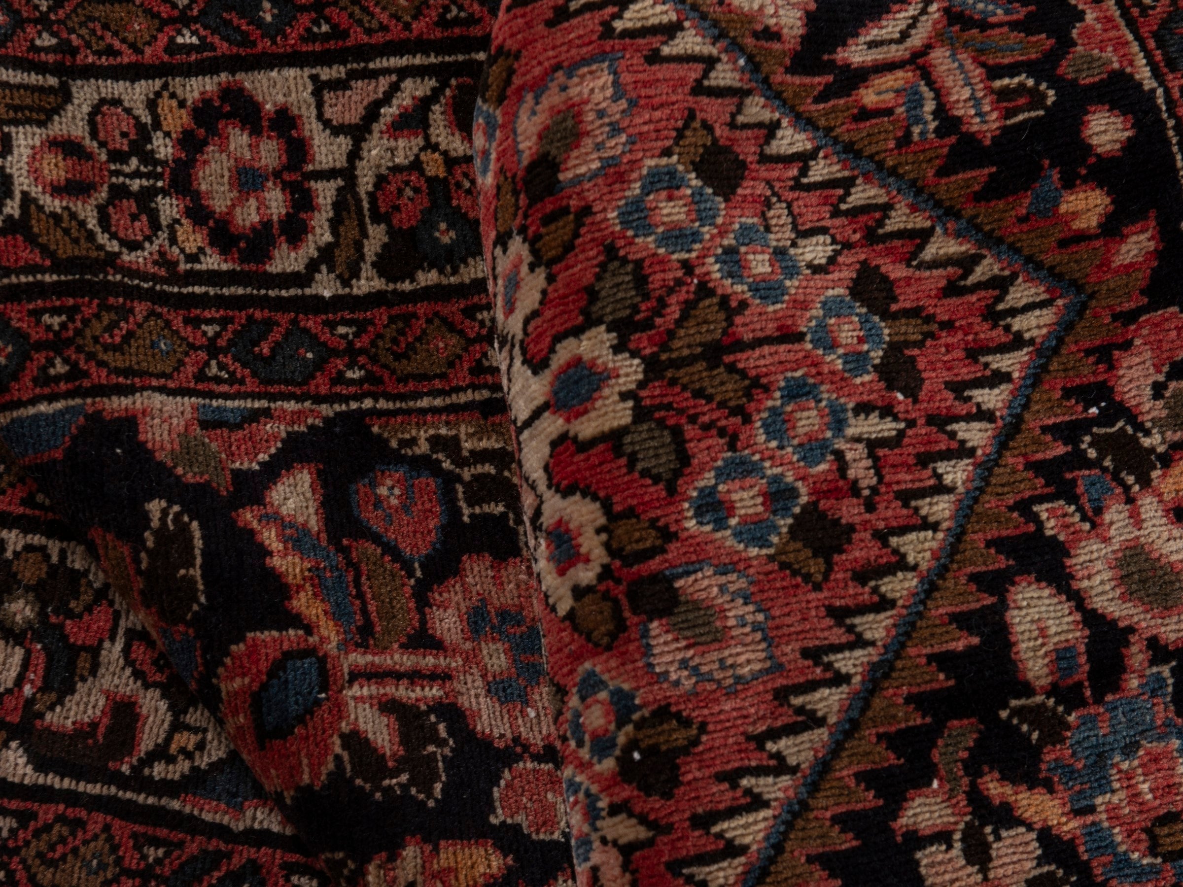 Persian Hamedan runner rug in navy and burgundy, view 18 of 19