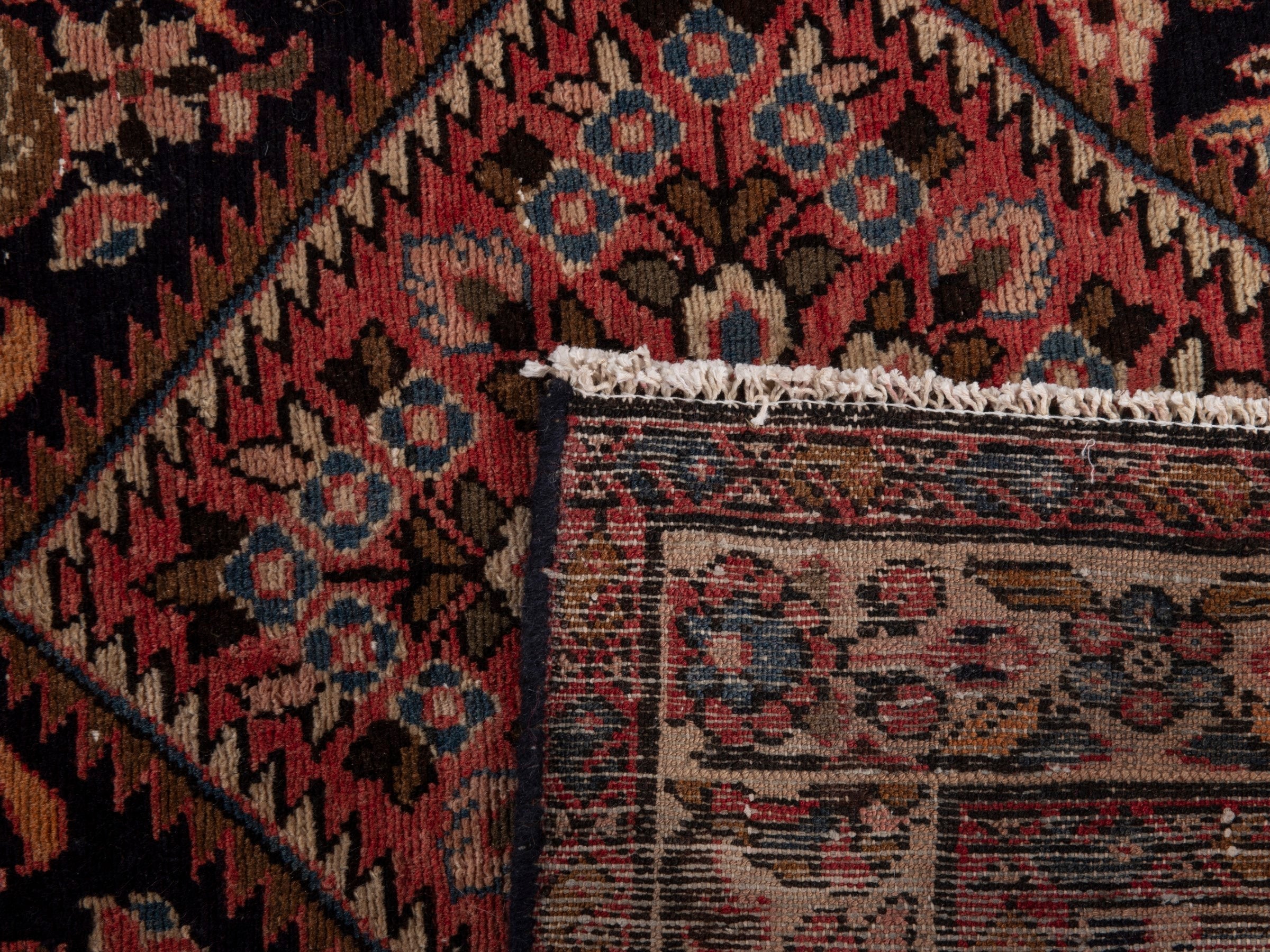 Persian Hamedan runner rug in navy and burgundy, view 19 of 19