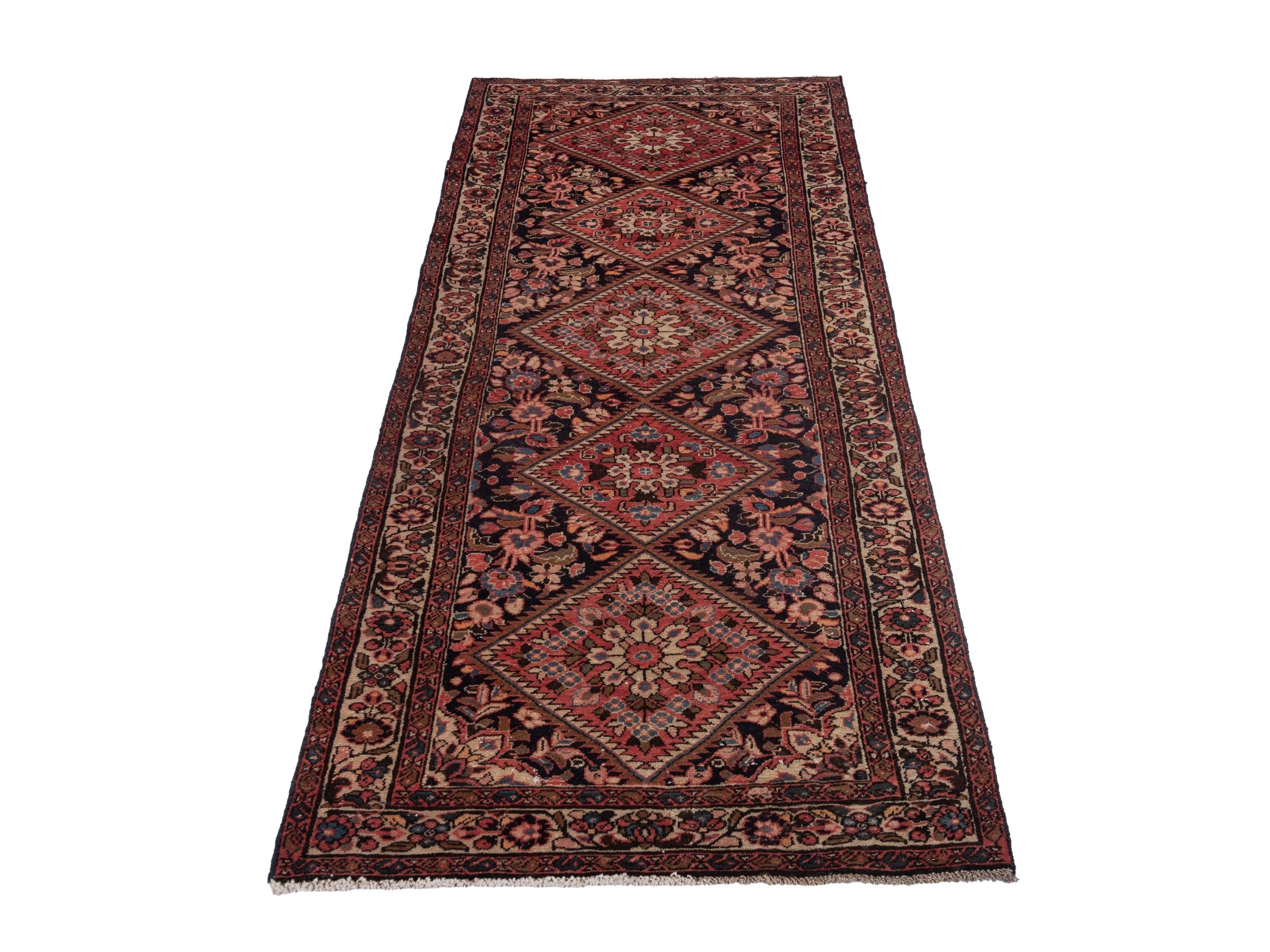 Persian Hamedan runner rug in navy and burgundy, view 2 of 19