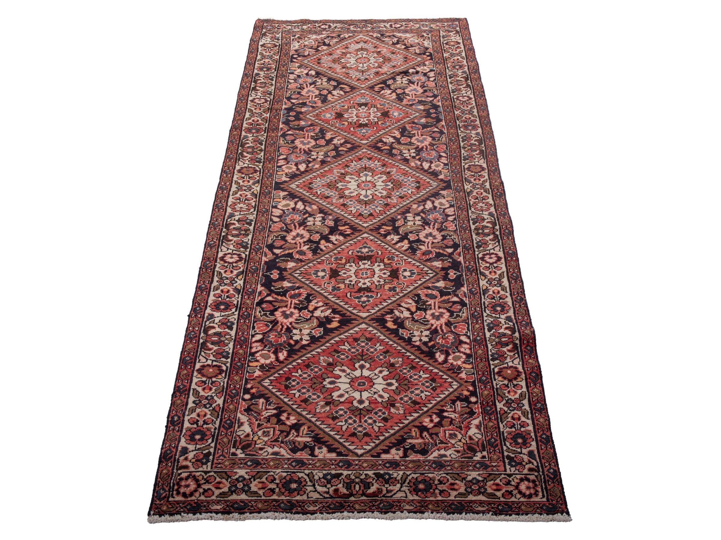 Persian Hamedan runner rug in navy and burgundy, view 3 of 19