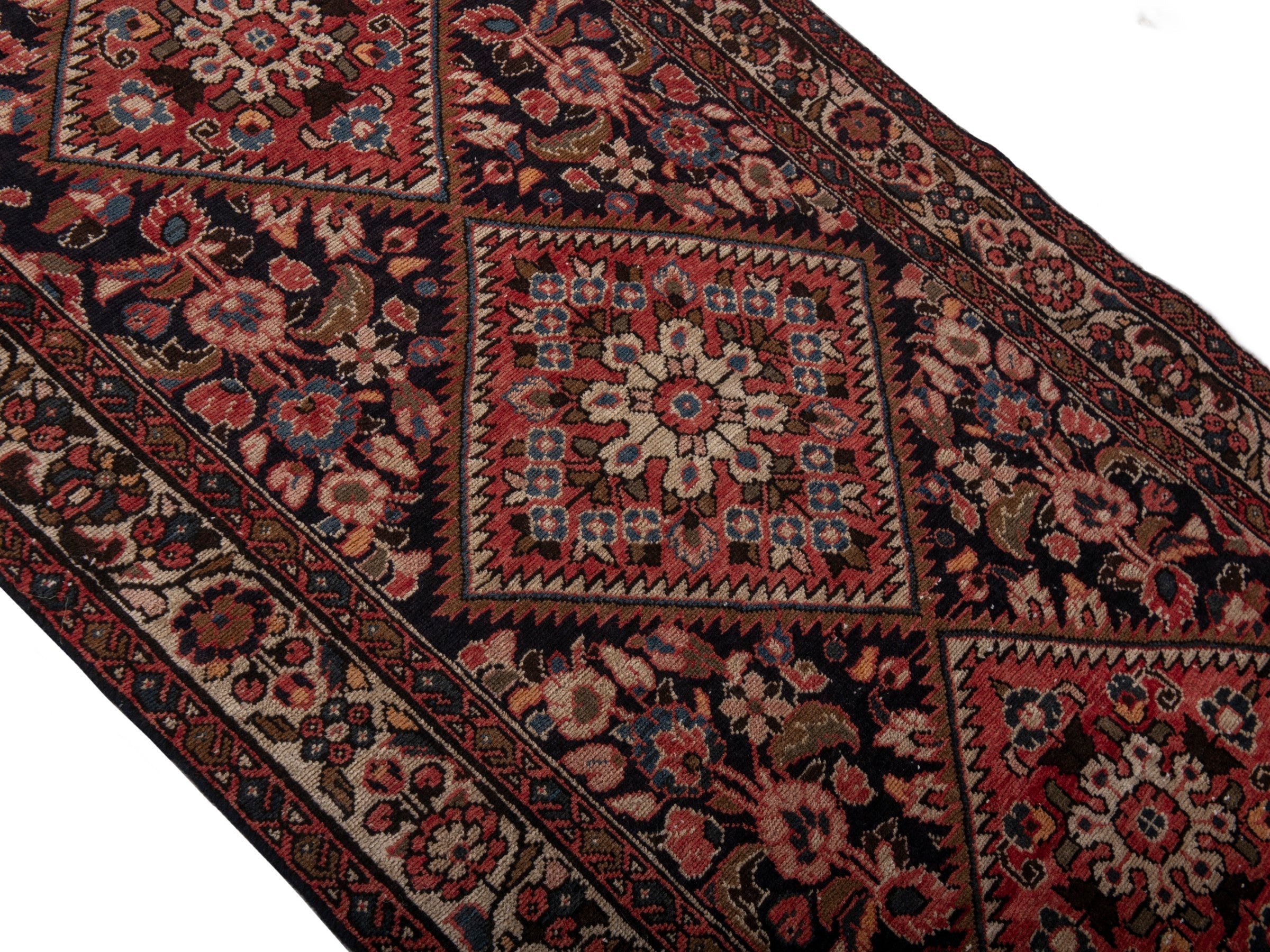 Persian Hamedan runner rug in navy and burgundy, view 4 of 19