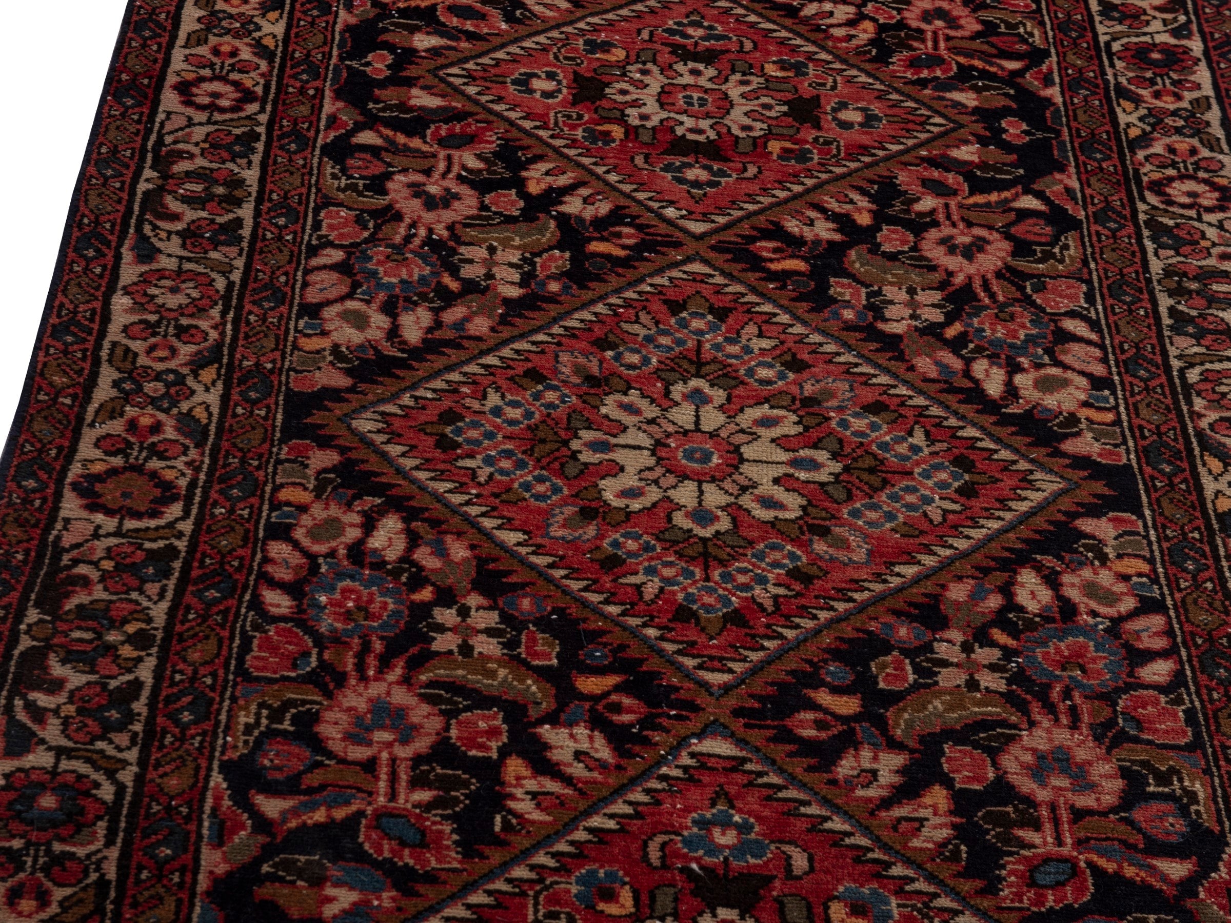 Persian Hamedan runner rug in navy and burgundy, view 6 of 19