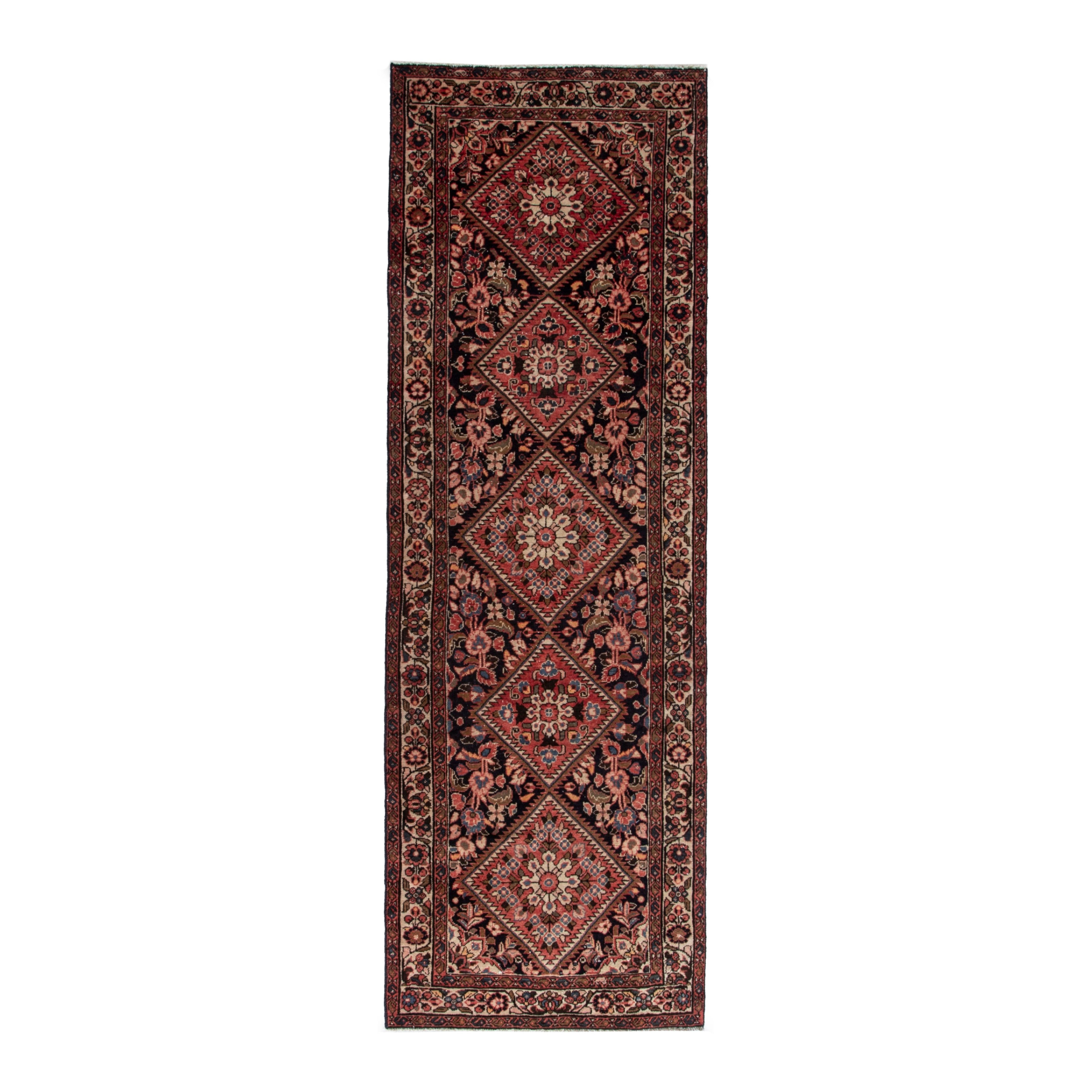 Persian Hamedan runner rug in navy and burgundy, 3'7" x 10'1"
