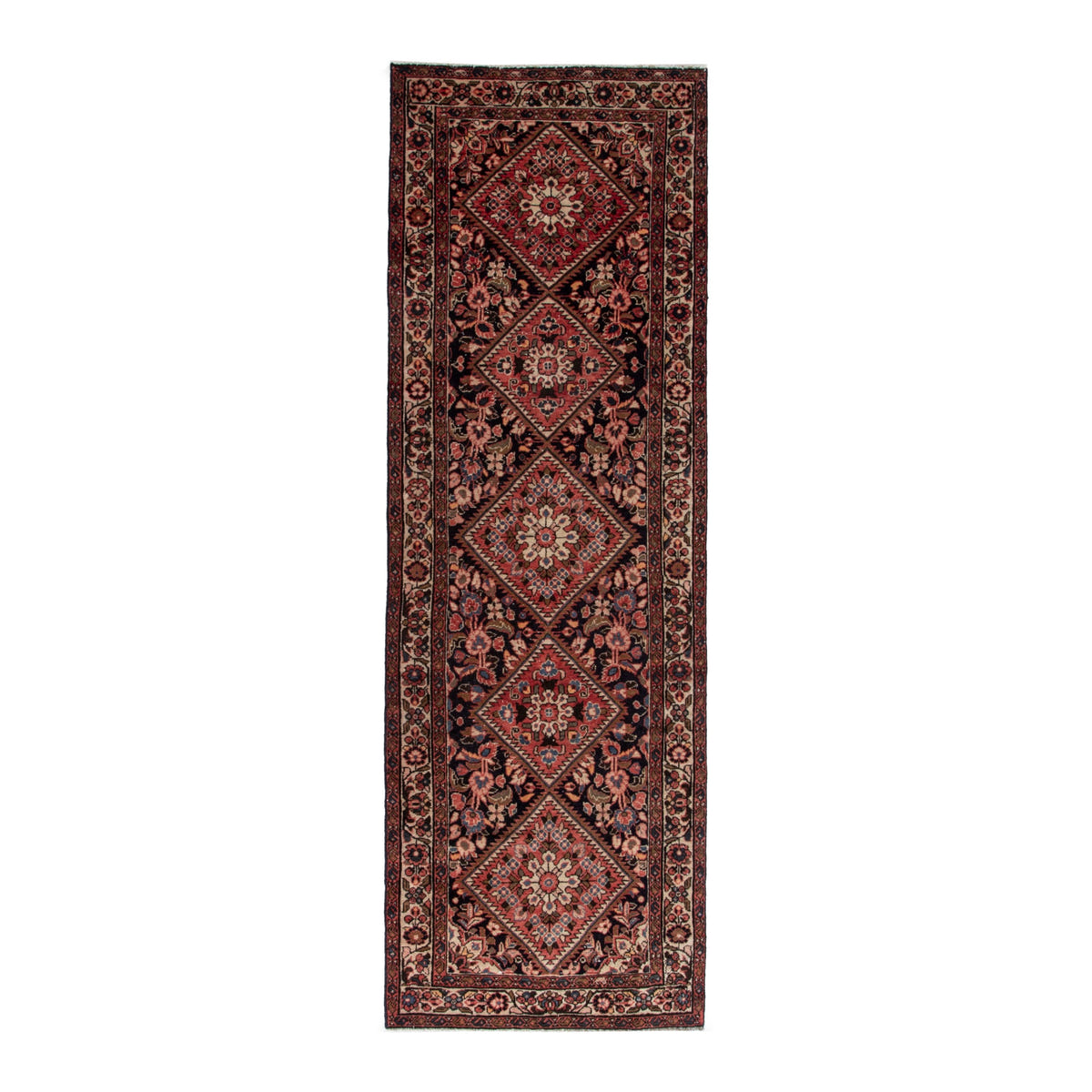 Persian Hamedan runner rug in navy and burgundy, 3'7" x 10'1"