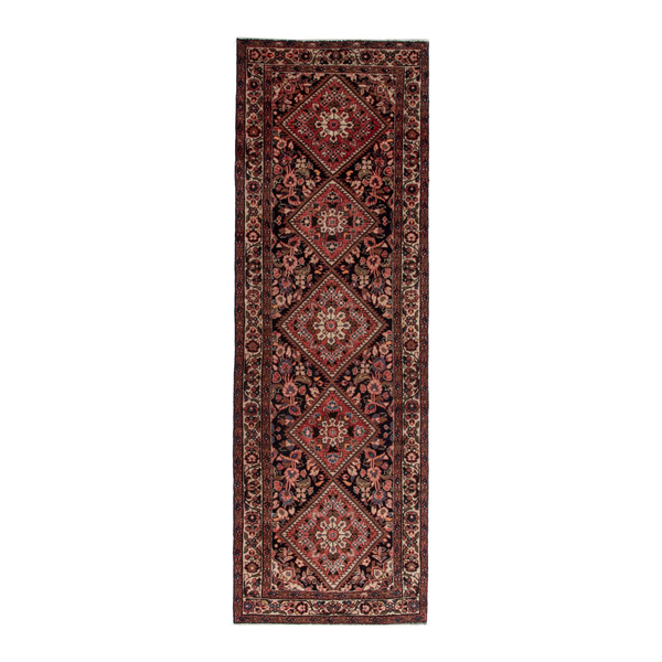 Persian Hamadan runner rug in navy and burgundy, 3'7" x 10'1"