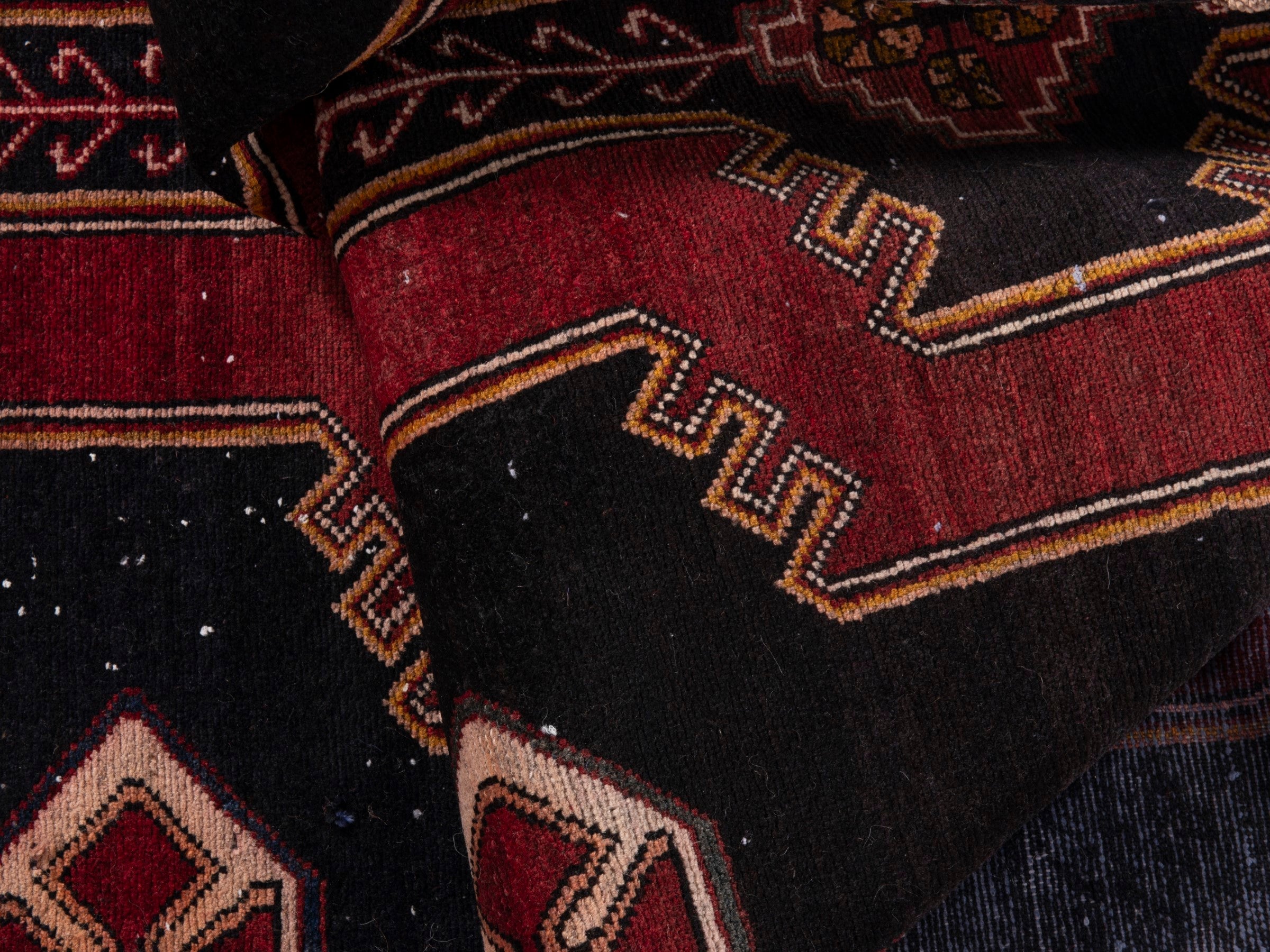 Persian Saveh runner rug in black and burgundy, view 18 of 20