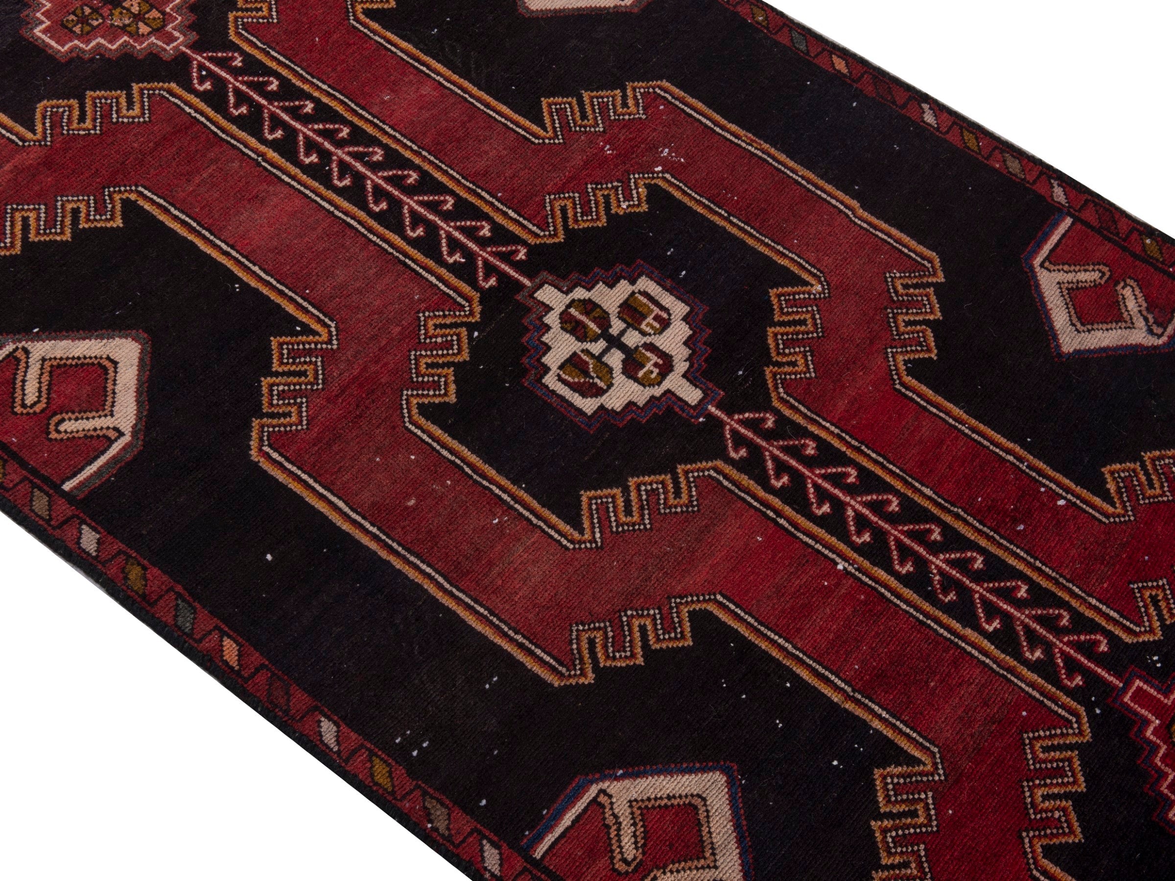 Persian Saveh runner rug in black and burgundy, view 4 of 20