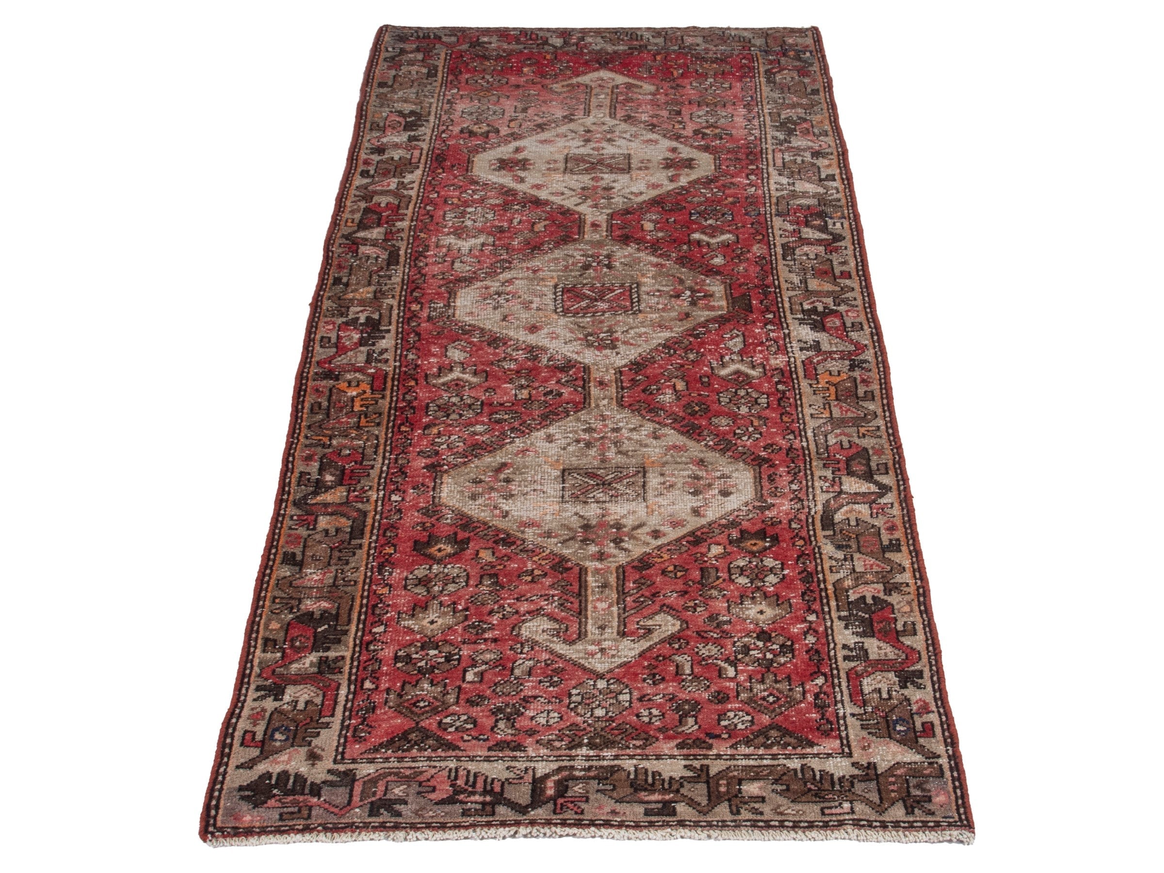 Persian Hamedan runner rug in deep red and muted pink, view 2 of 17