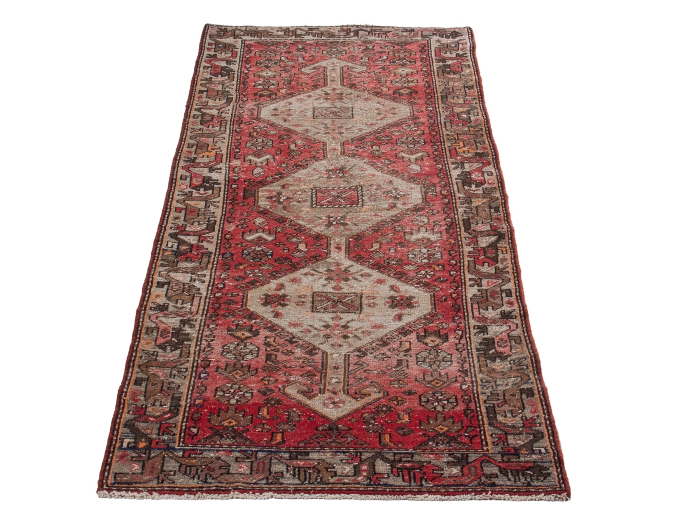 Persian Hamedan runner rug in deep red and muted pink, view 3 of 17