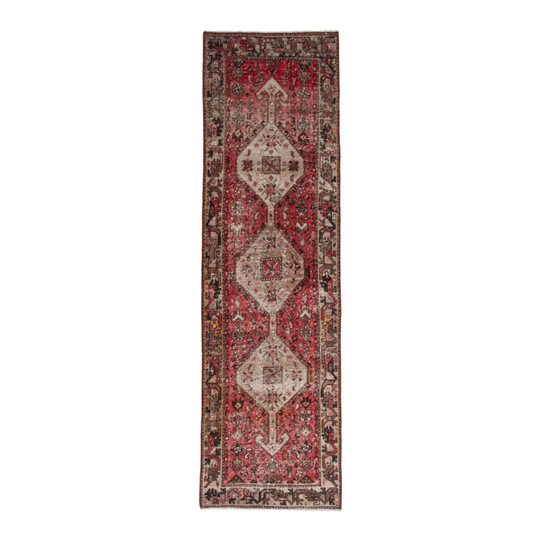 Persian Hamedan runner rug in deep red and muted pink, 3'1" x 9'7"