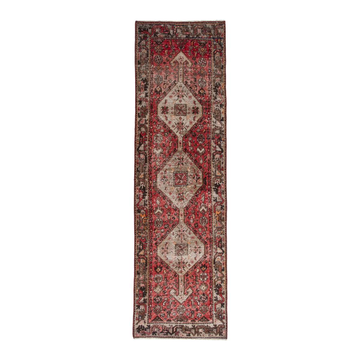 Persian Hamedan runner rug in deep red and muted pink, 3'1" x 9'7"