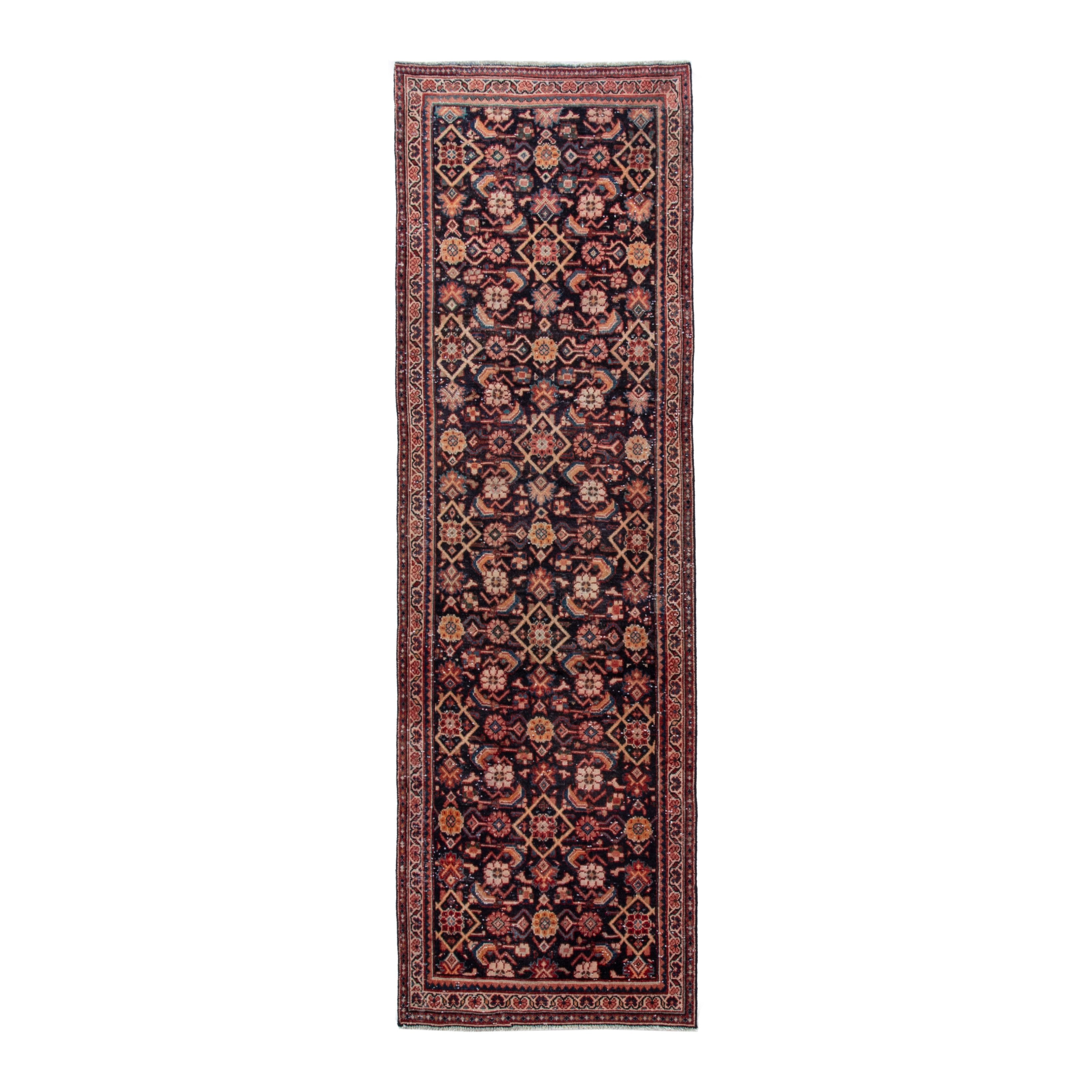 Persian Mahal runner rug in navy and rust, 3'5" x 10'4"