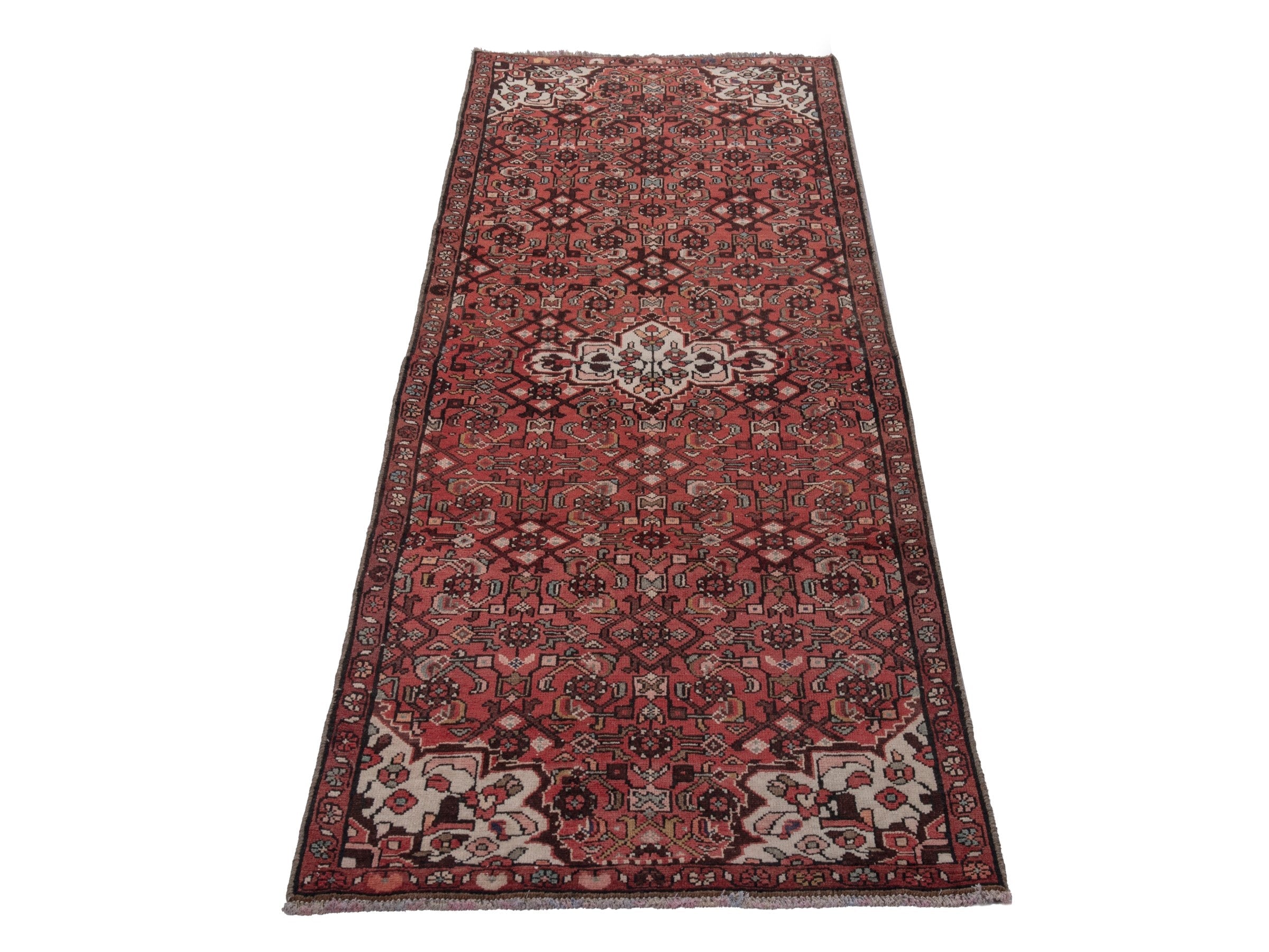Persian Hamedan runner rug in deep red and off-white, view 2 of 18