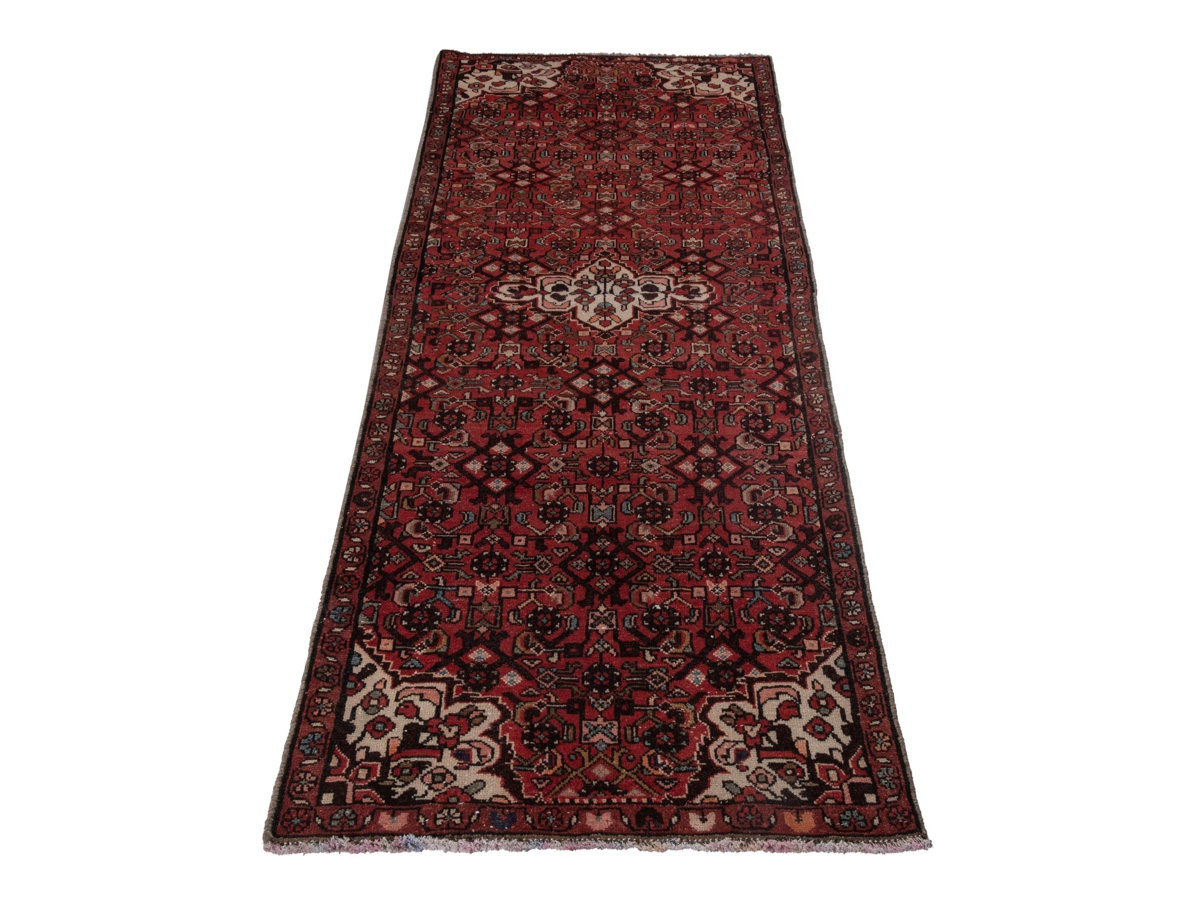 Persian Hamedan runner rug in deep red and off-white, view 3 of 18