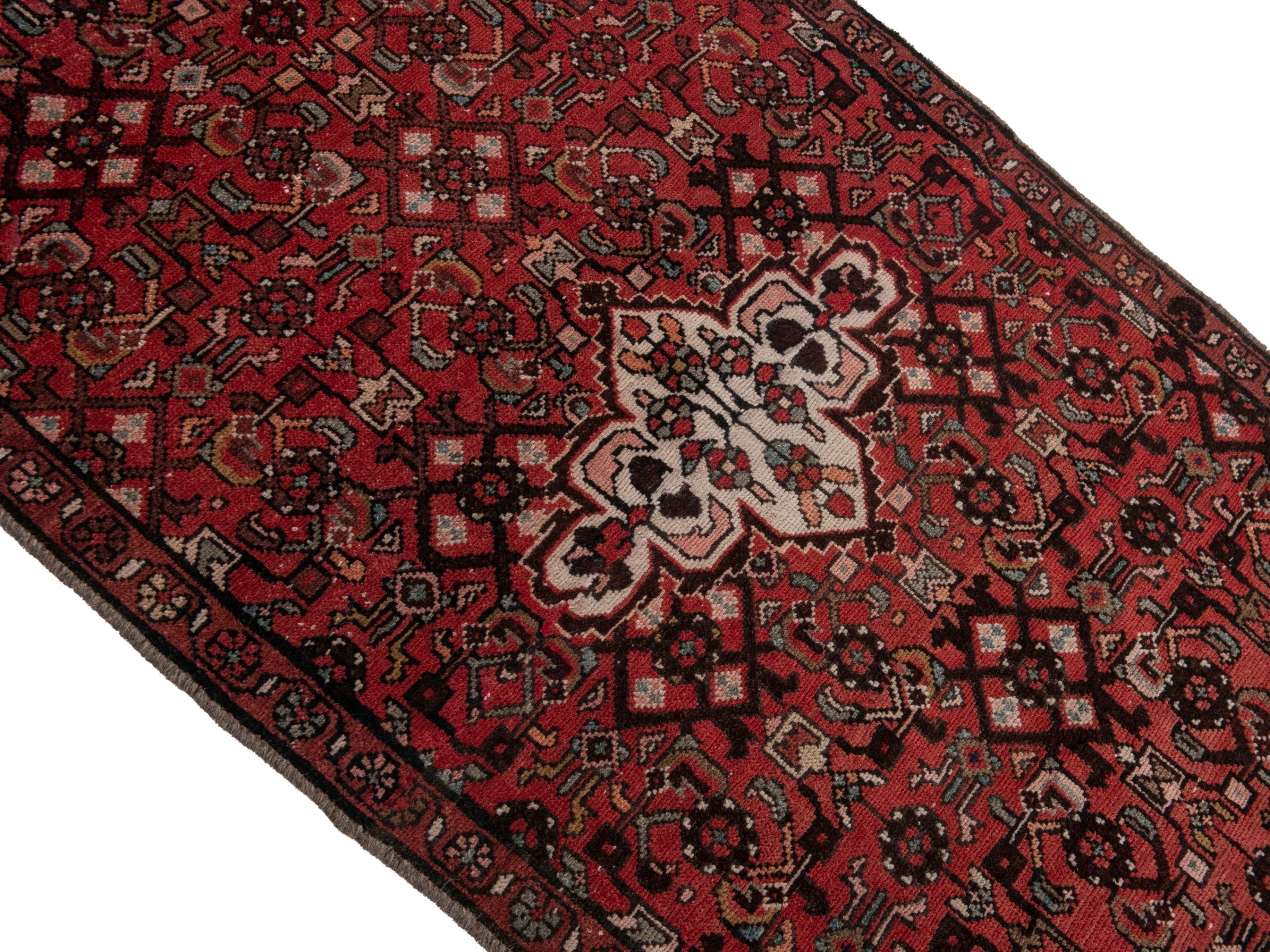 Persian Hamedan runner rug in deep red and off-white, view 4 of 18