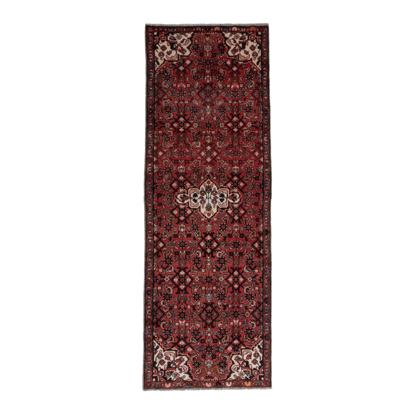 Persian Hamadan runner rug in deep red and off-white, 3'1" x 8'8"