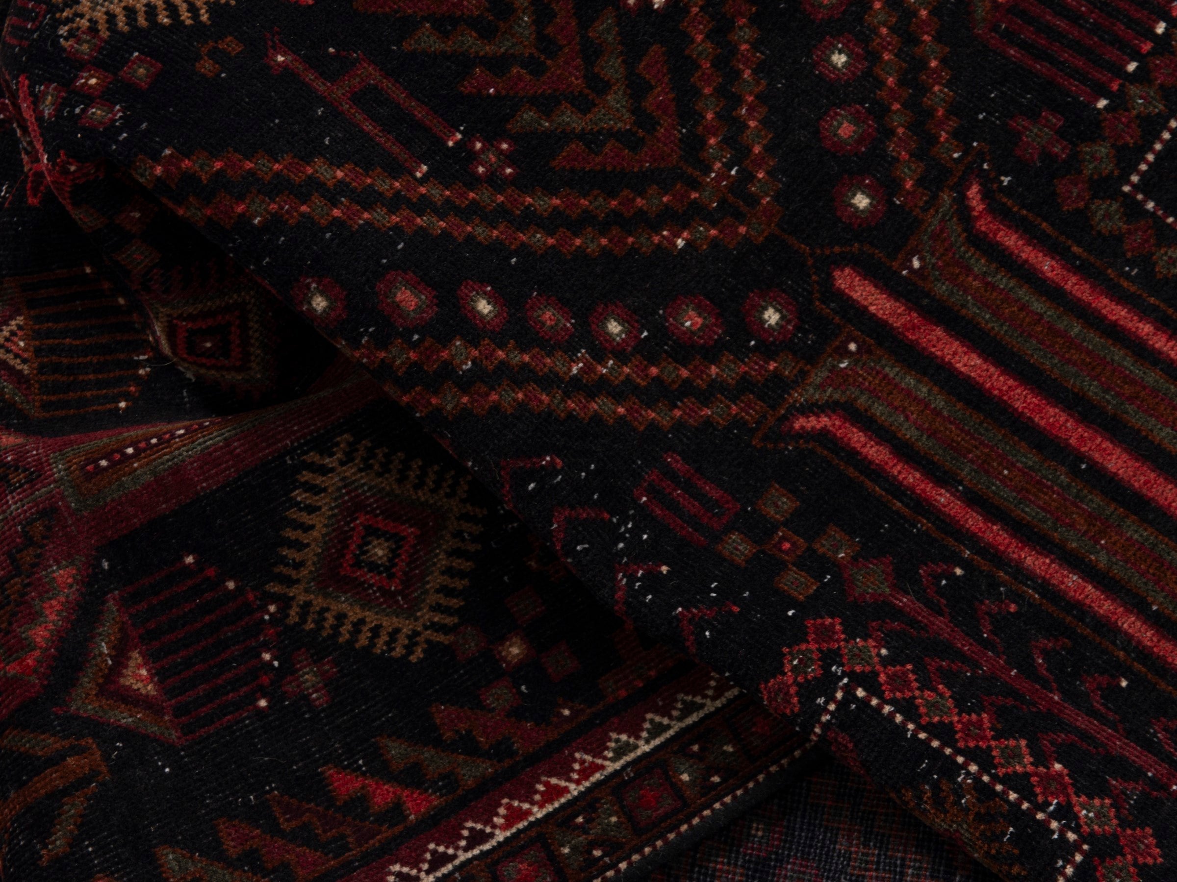 Persian Baluch runner rug in burgundy and deep red, view 19 of 21