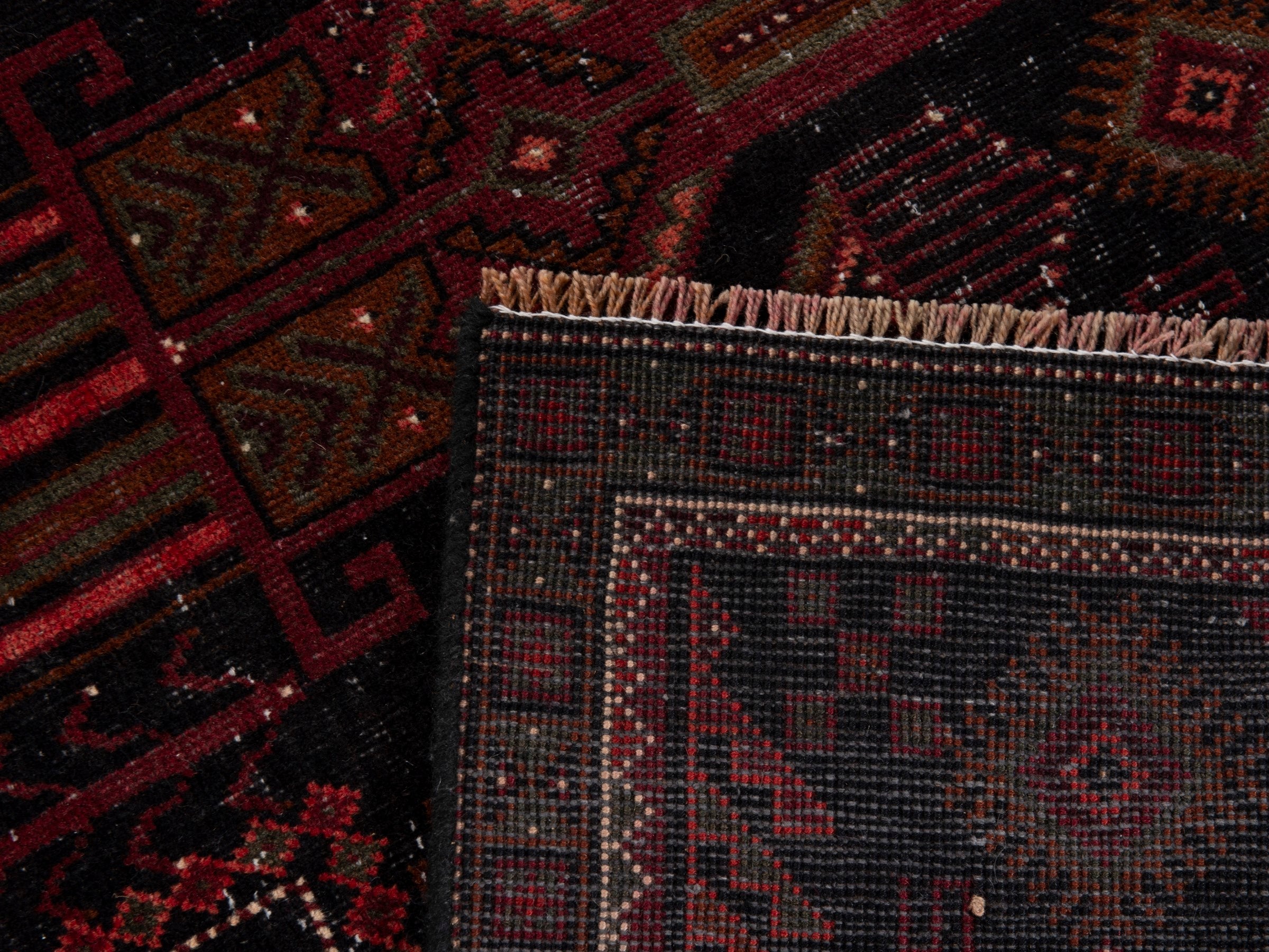 Persian Baluch runner rug in burgundy and deep red, view 21 of 21