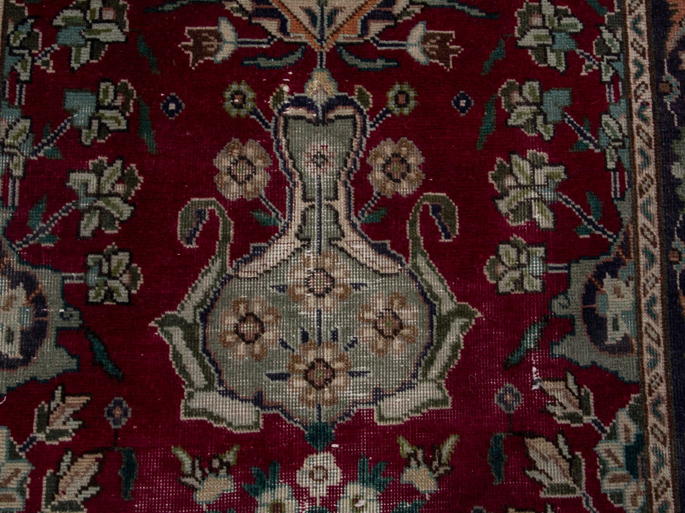 Persian Tabriz runner rug in burgundy and charcoal, view 12 of 17