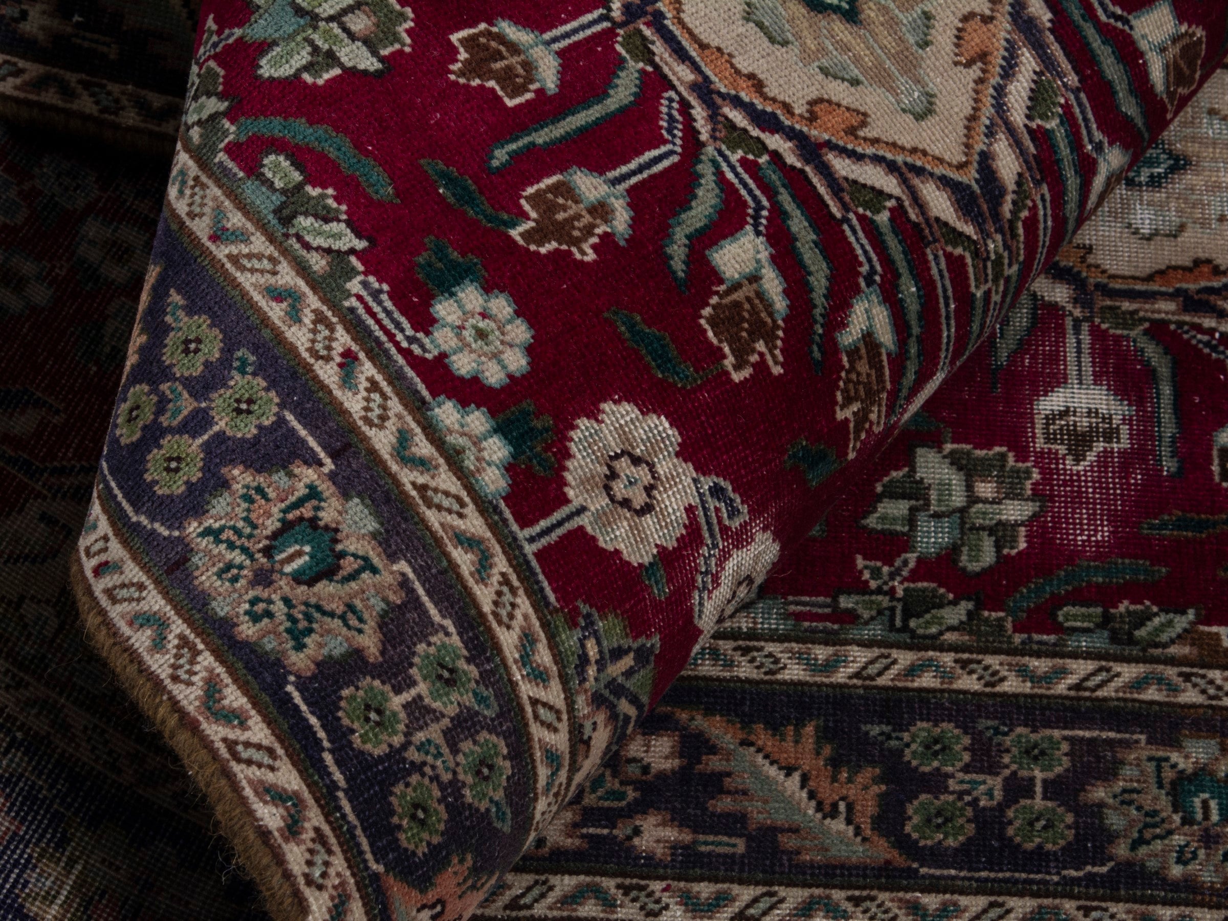 Persian Tabriz runner rug in burgundy and charcoal, view 14 of 17