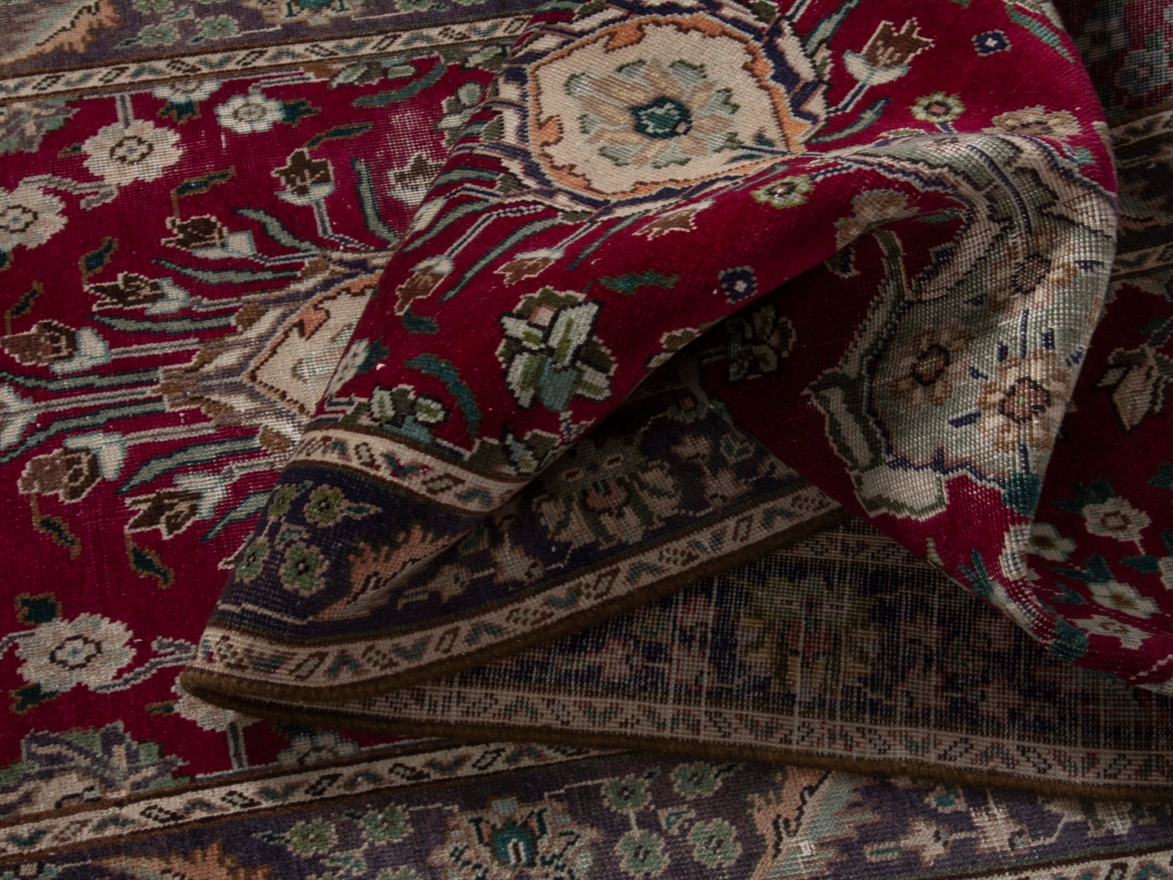 Persian Tabriz runner rug in burgundy and charcoal, view 15 of 17
