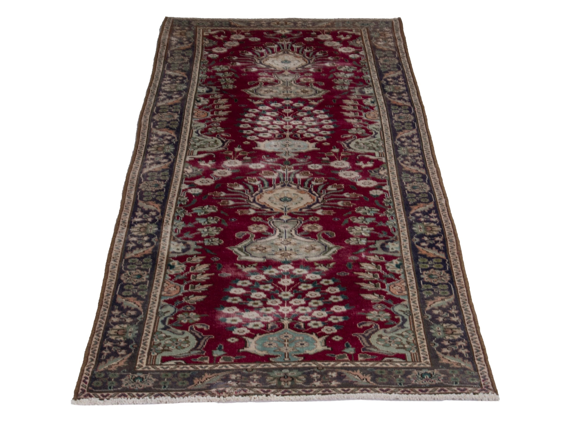 Persian Tabriz runner rug in burgundy and charcoal, view 2 of 17