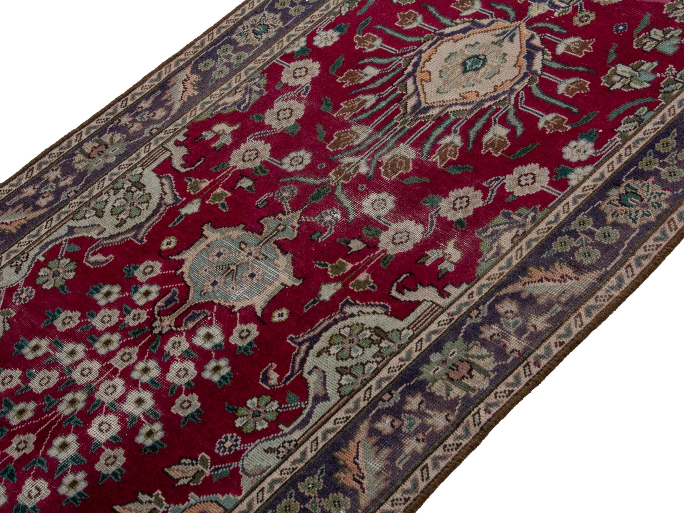 Persian Tabriz runner rug in burgundy and charcoal, view 4 of 17
