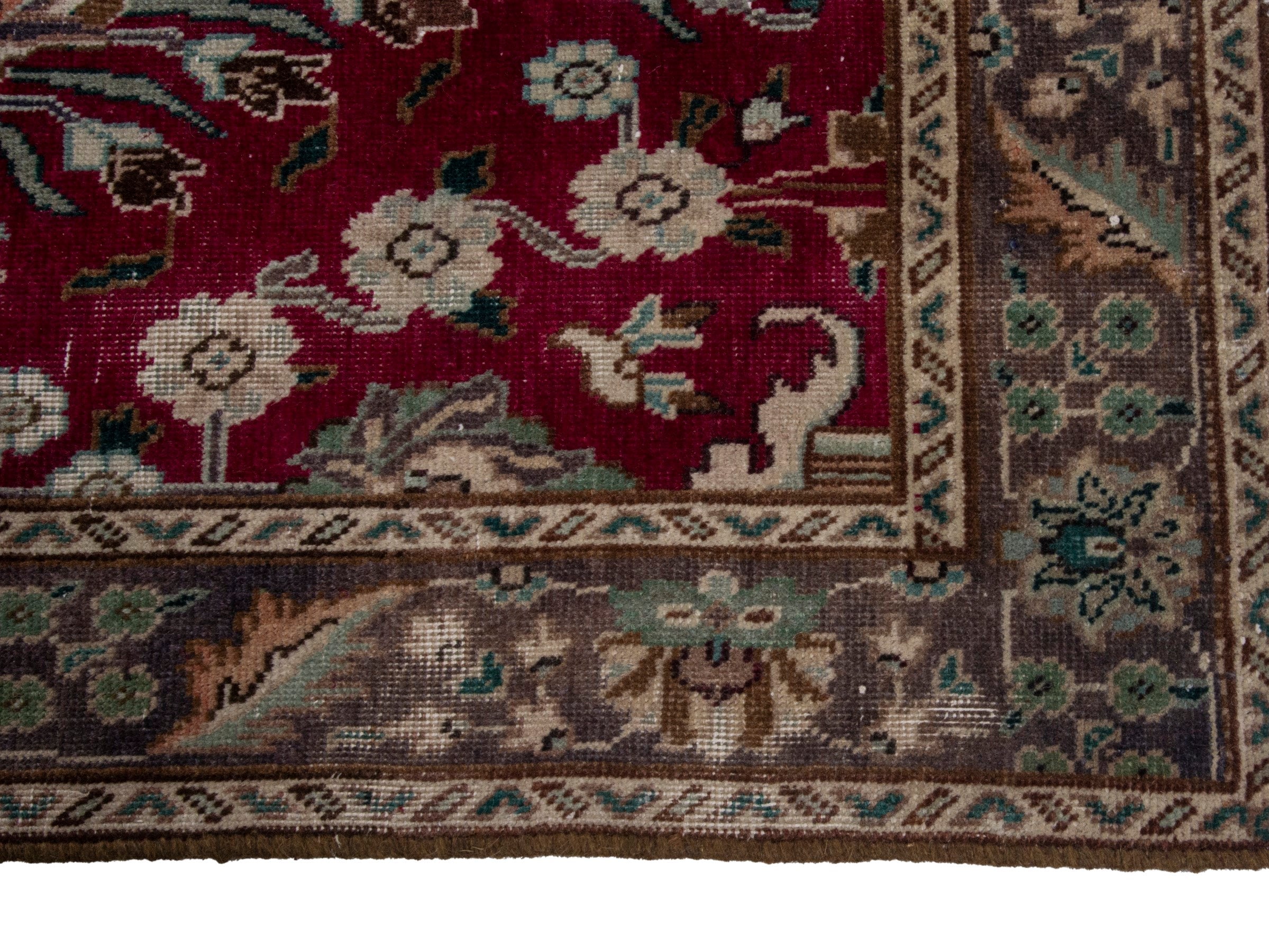 Persian Tabriz runner rug in burgundy and charcoal, view 5 of 17