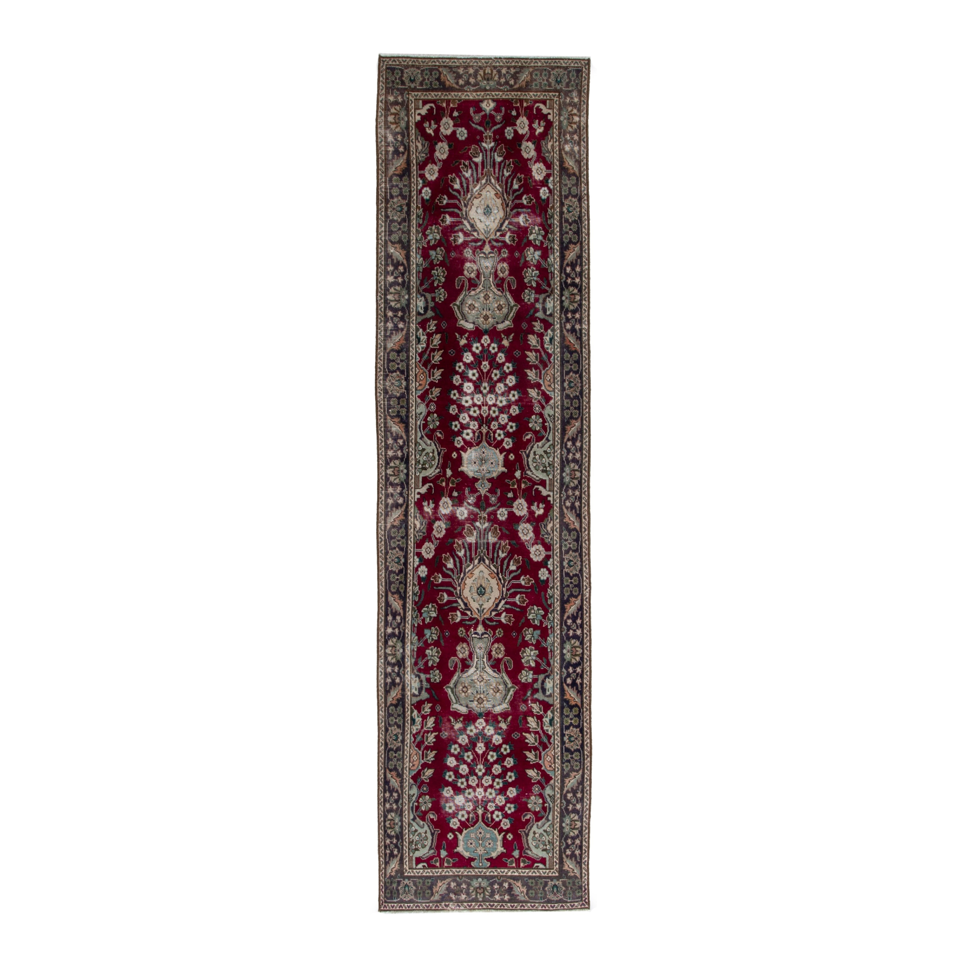Persian Tabriz runner rug in burgundy and charcoal, 2'7" x 9'11"