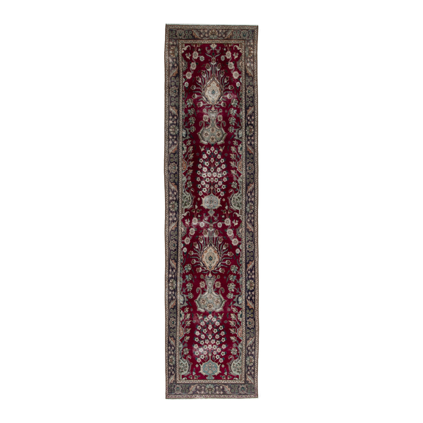 Persian Tabriz runner rug in burgundy and charcoal, 2'7" x 9'11"