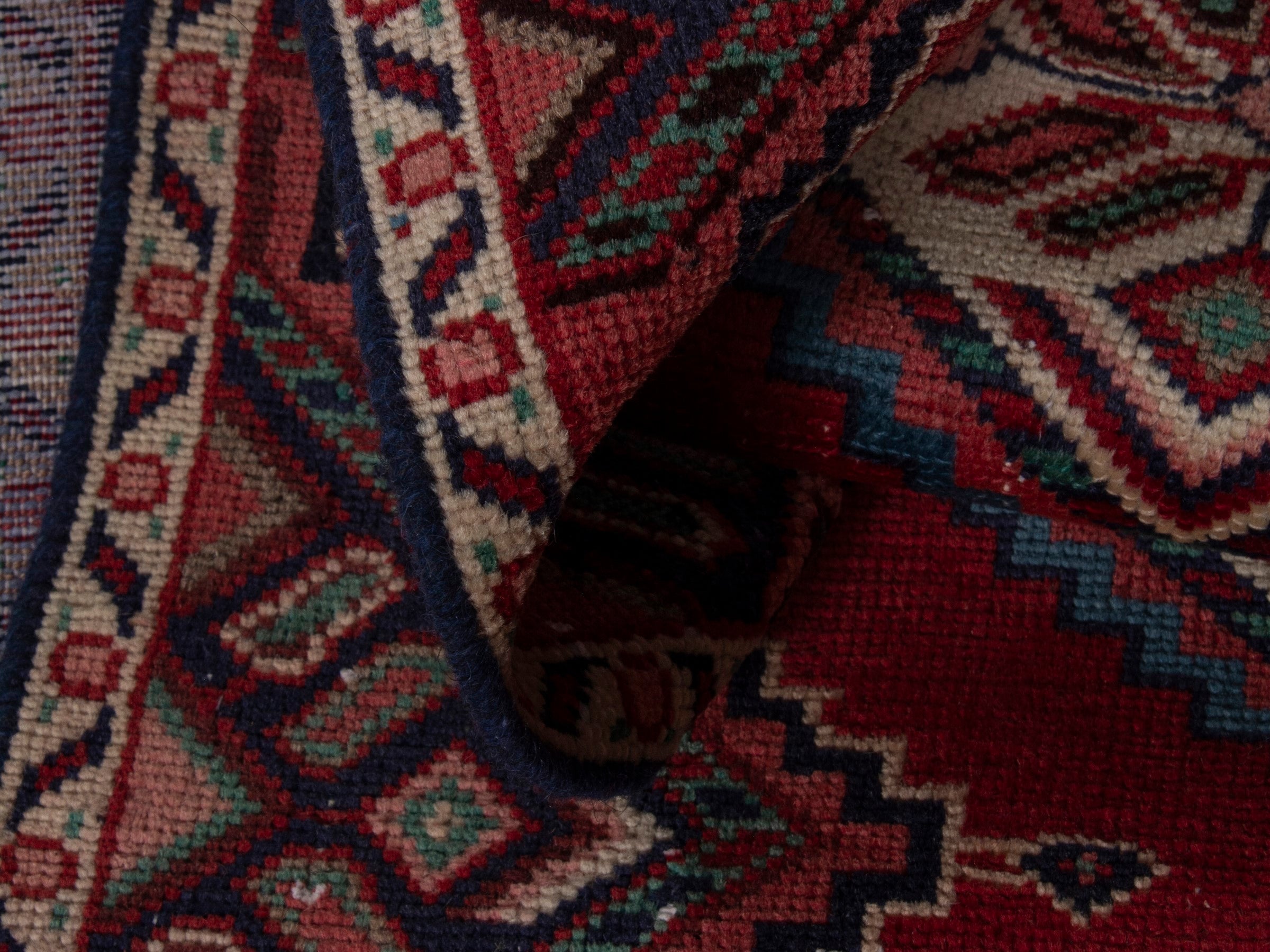 Persian Songhor runner rug in deep red and cream, view 15 of 18