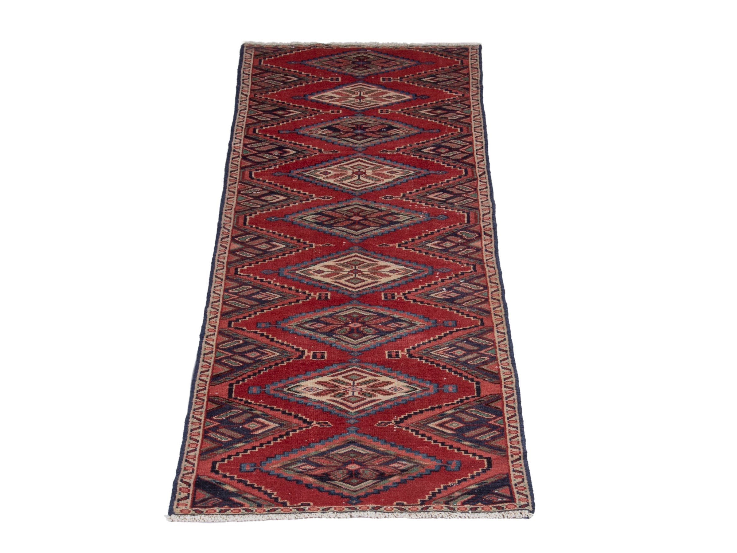 Persian Songhor runner rug in deep red and cream, view 2 of 18