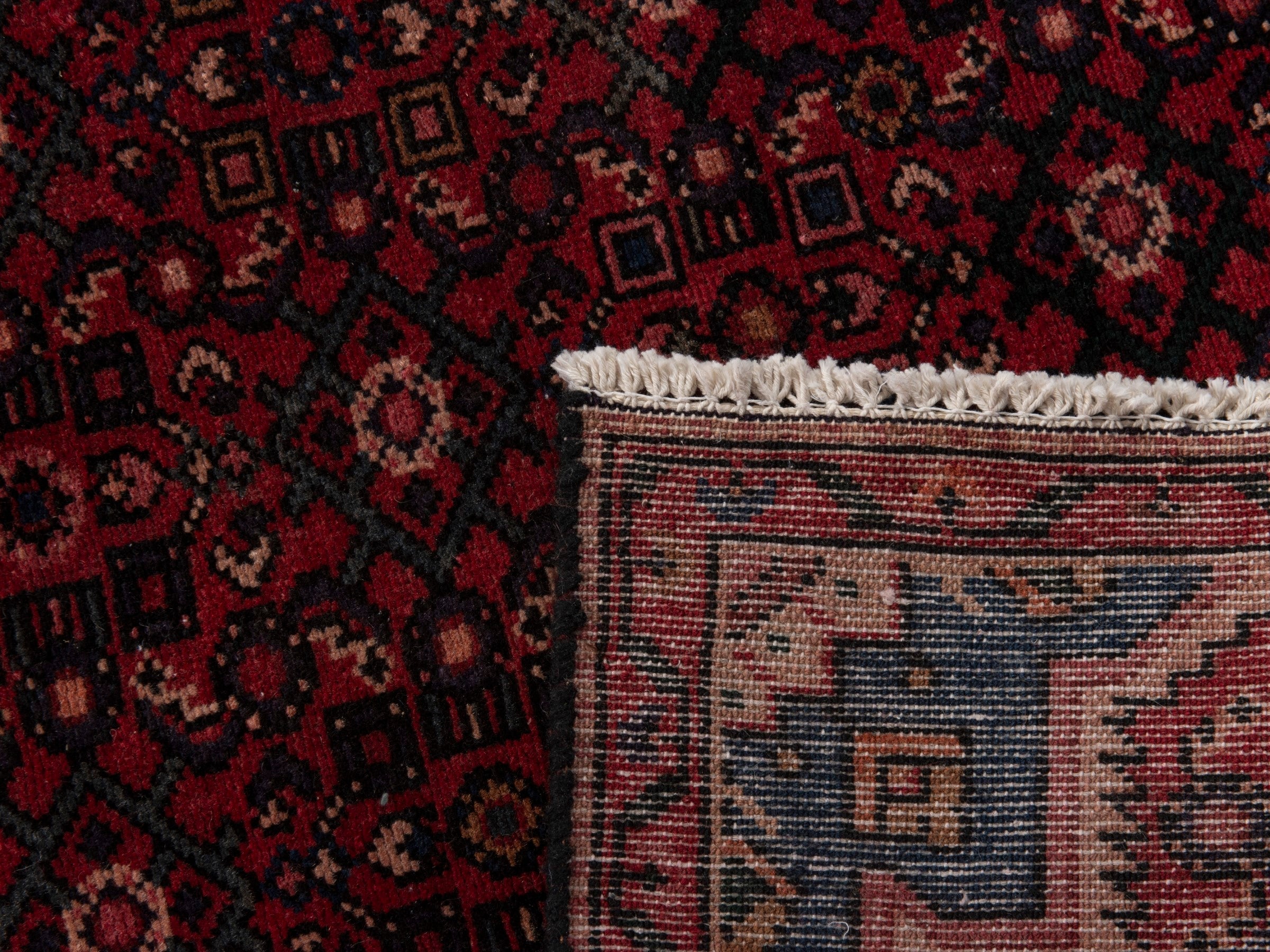 Persian Hamedan runner rug in burgundy and muted pink, view 19 of 19