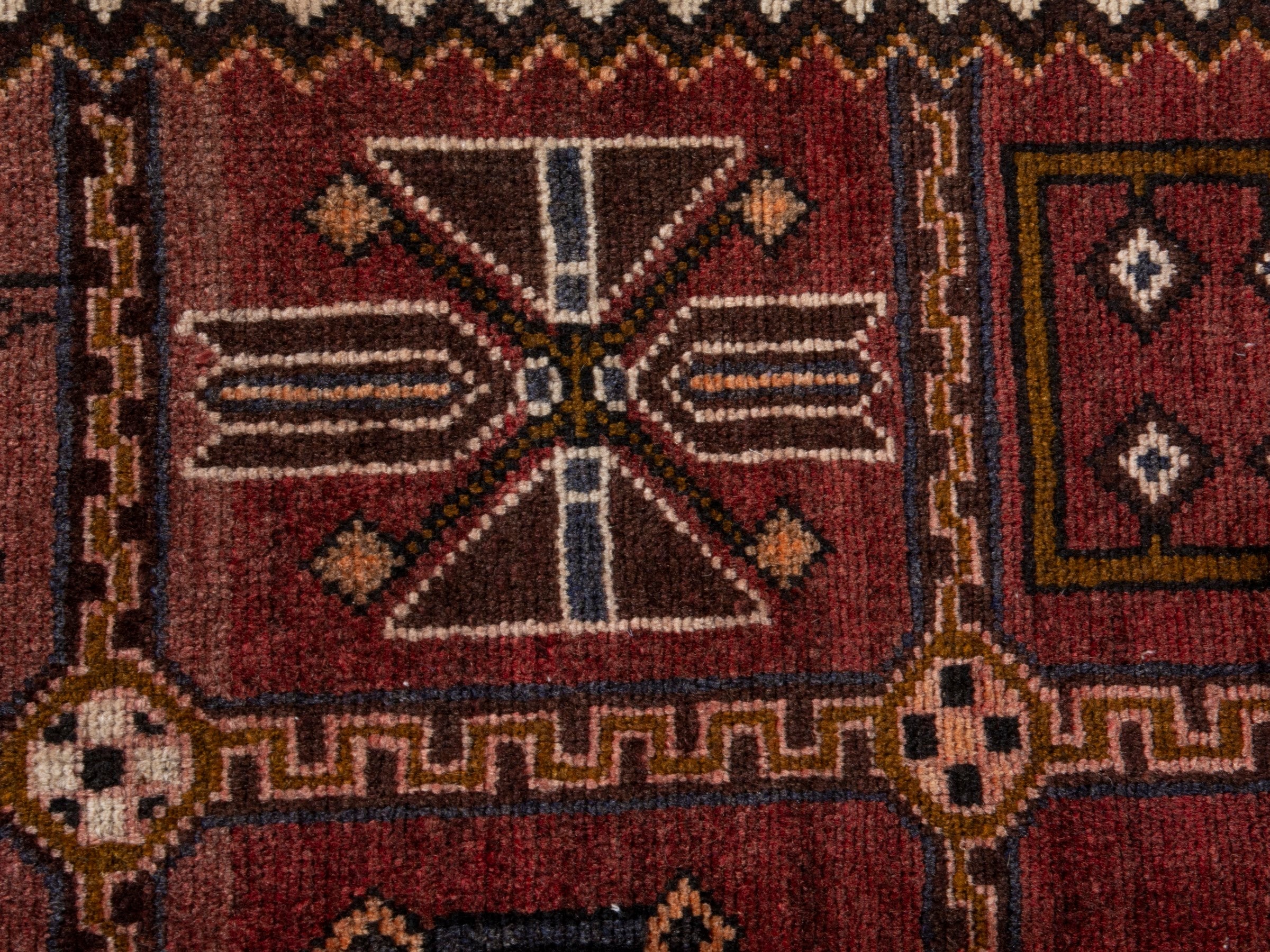 Persian Saveh runner rug in burgundy and cream, view 12 of 19