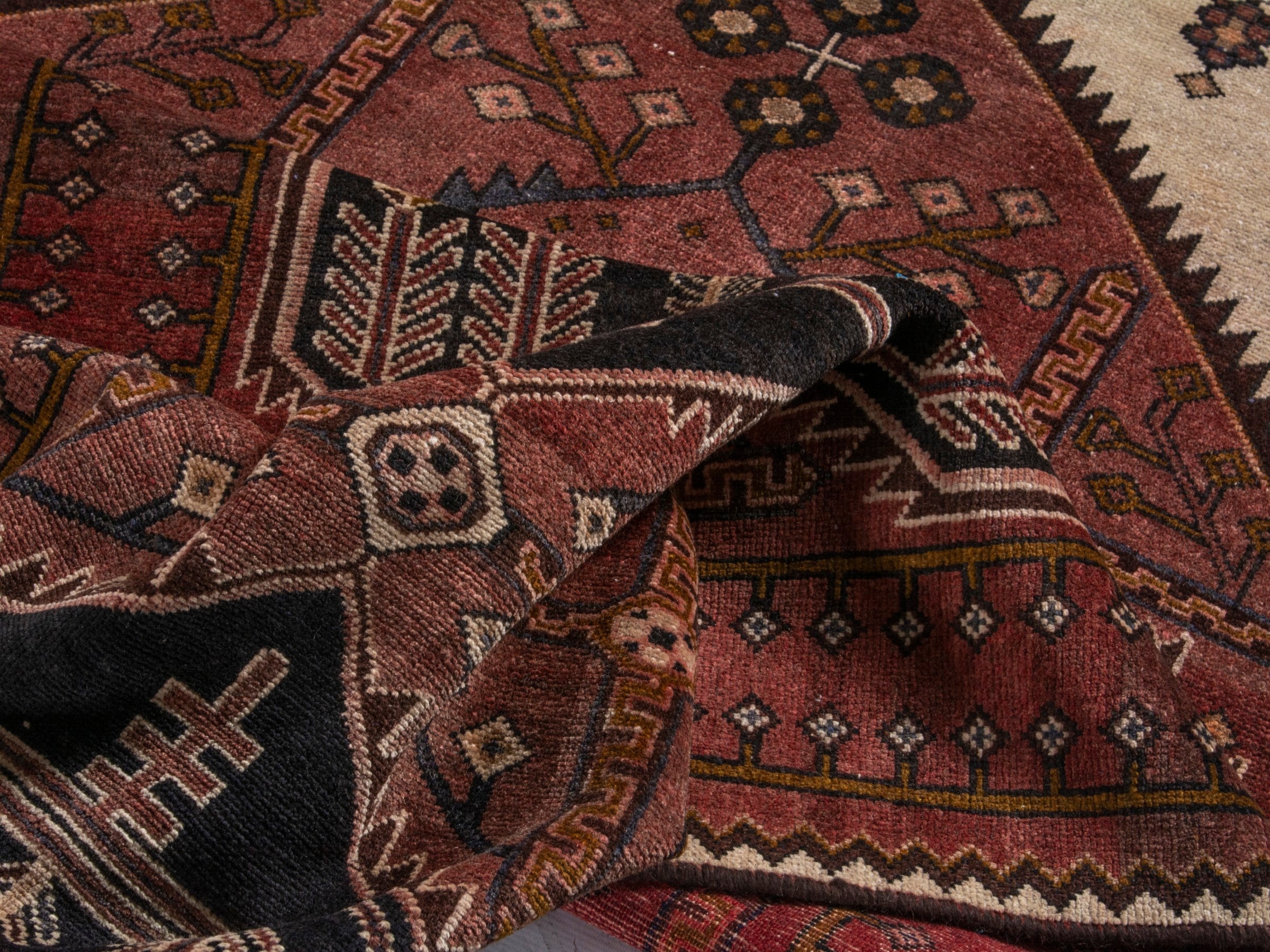 Persian Saveh runner rug in burgundy and cream, view 16 of 19